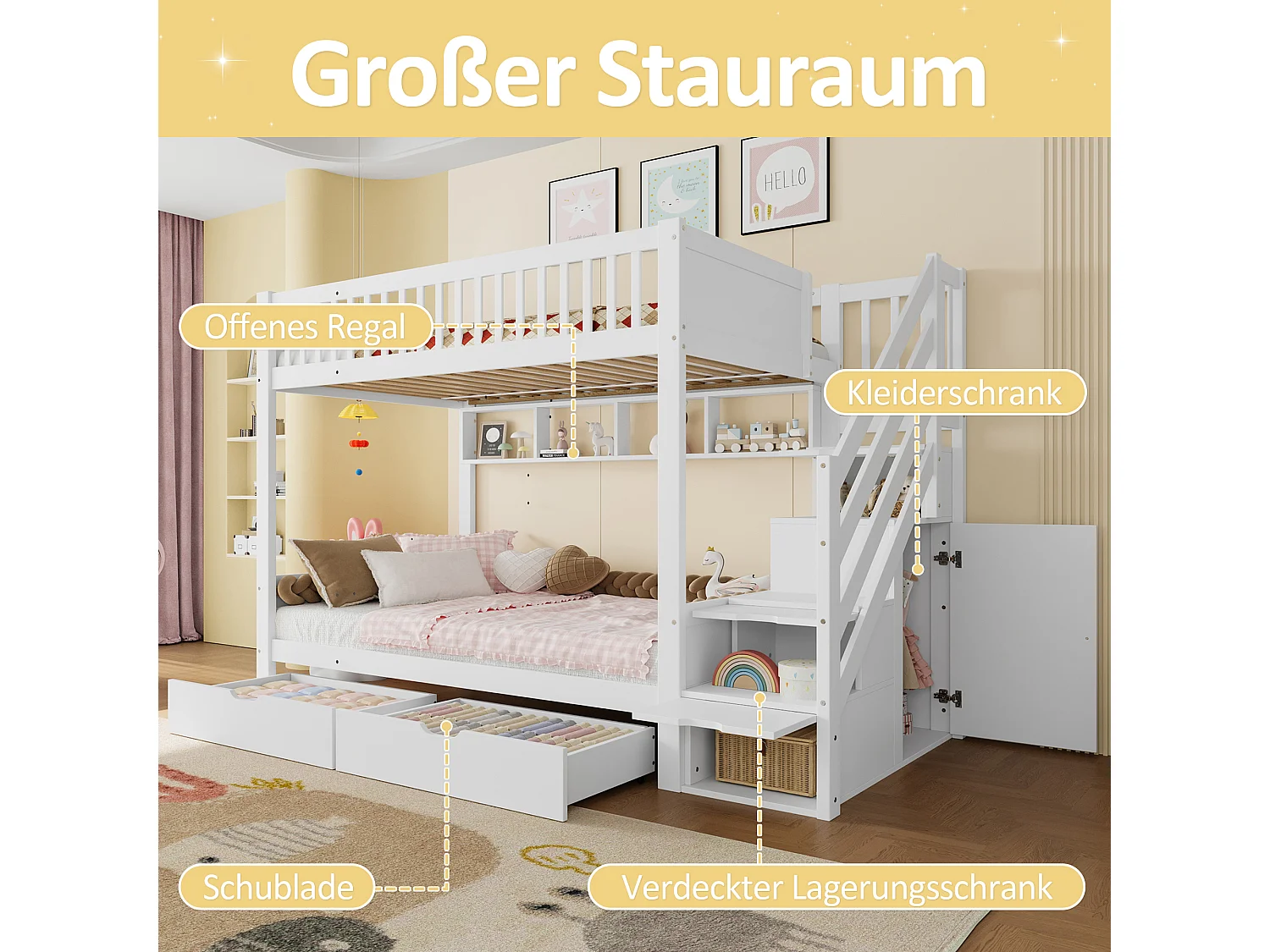 Łóżko piętrowe dla dzieci - 2 x 90 x 200 cm - z 2 szufladami + szafa + 3 schowki w schodach - Sosna + MDF - białe