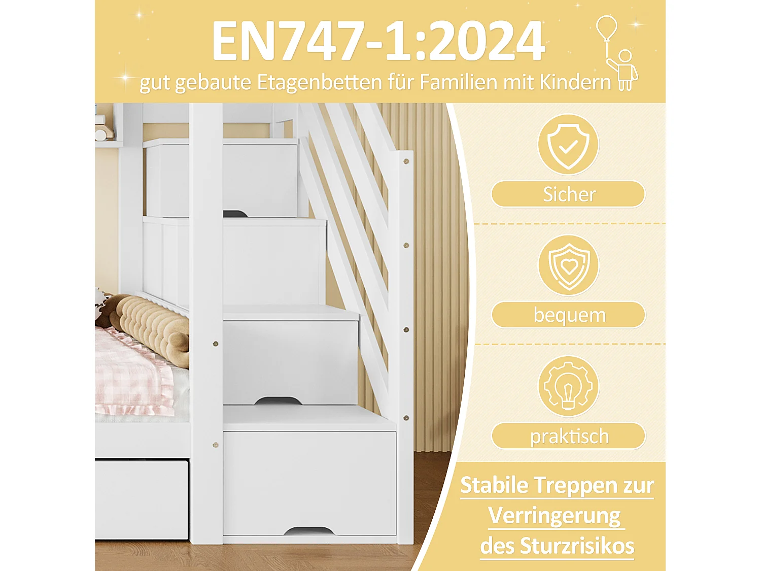 Łóżko piętrowe dla dzieci - 2 x 90 x 200 cm - z 2 szufladami + szafa + 3 schowki w schodach - Sosna + MDF - białe