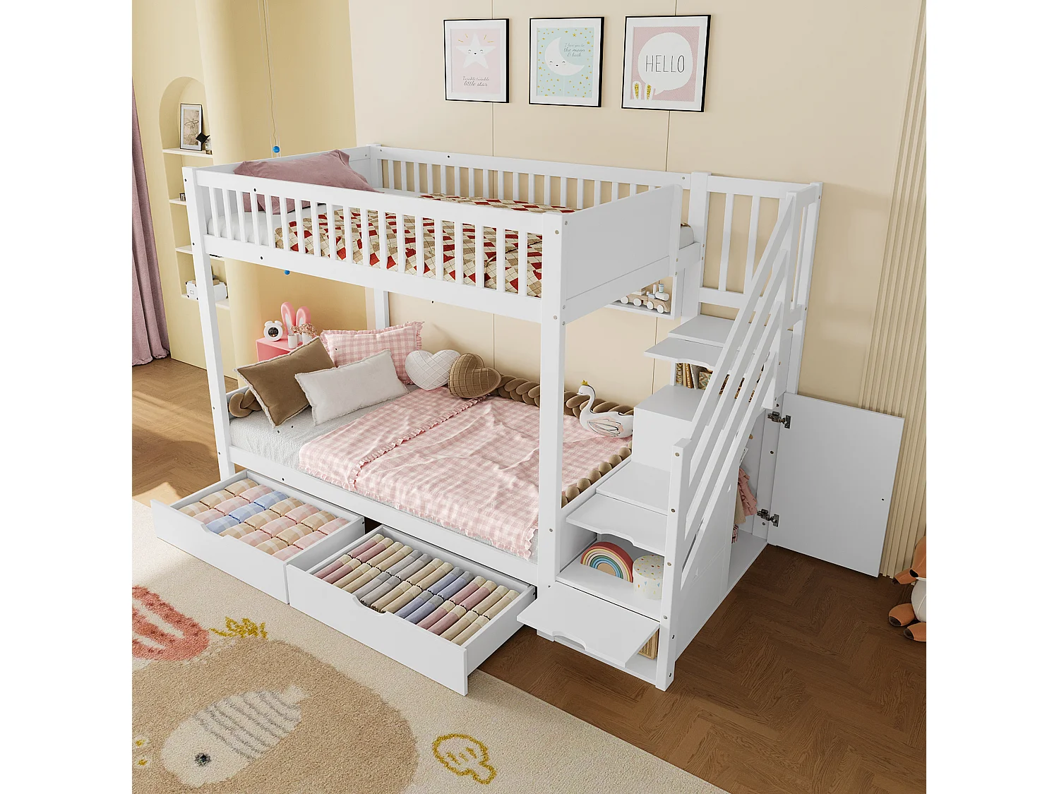 Łóżko piętrowe dla dzieci - 2 x 90 x 200 cm - z 2 szufladami + szafa + 3 schowki w schodach - Sosna + MDF - białe