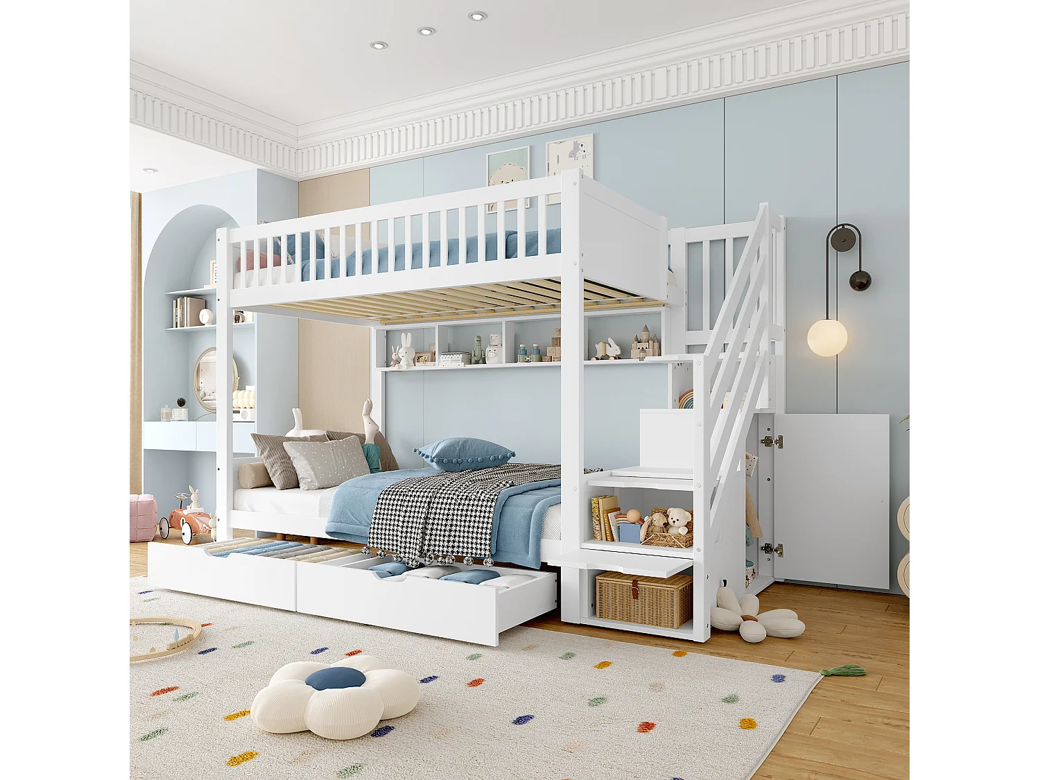 Łóżko piętrowe dla dzieci - 2 x 90 x 200 cm - z 2 szufladami + szafa + 3 schowki w schodach - Sosna + MDF - białe