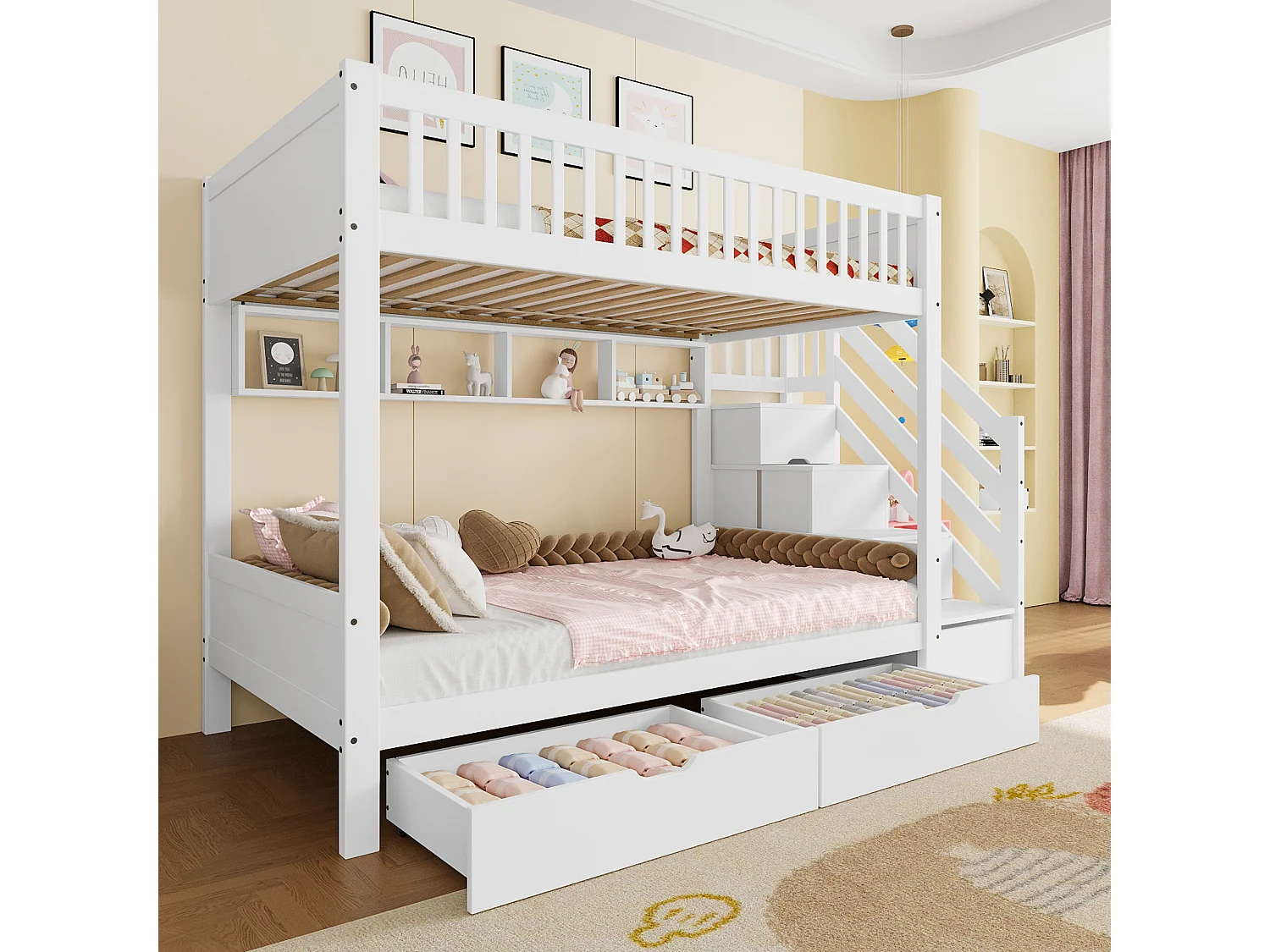 Łóżko piętrowe dla dzieci - 2 x 90 x 200 cm - z 2 szufladami + szafa + 3 schowki w schodach - Sosna + MDF - białe