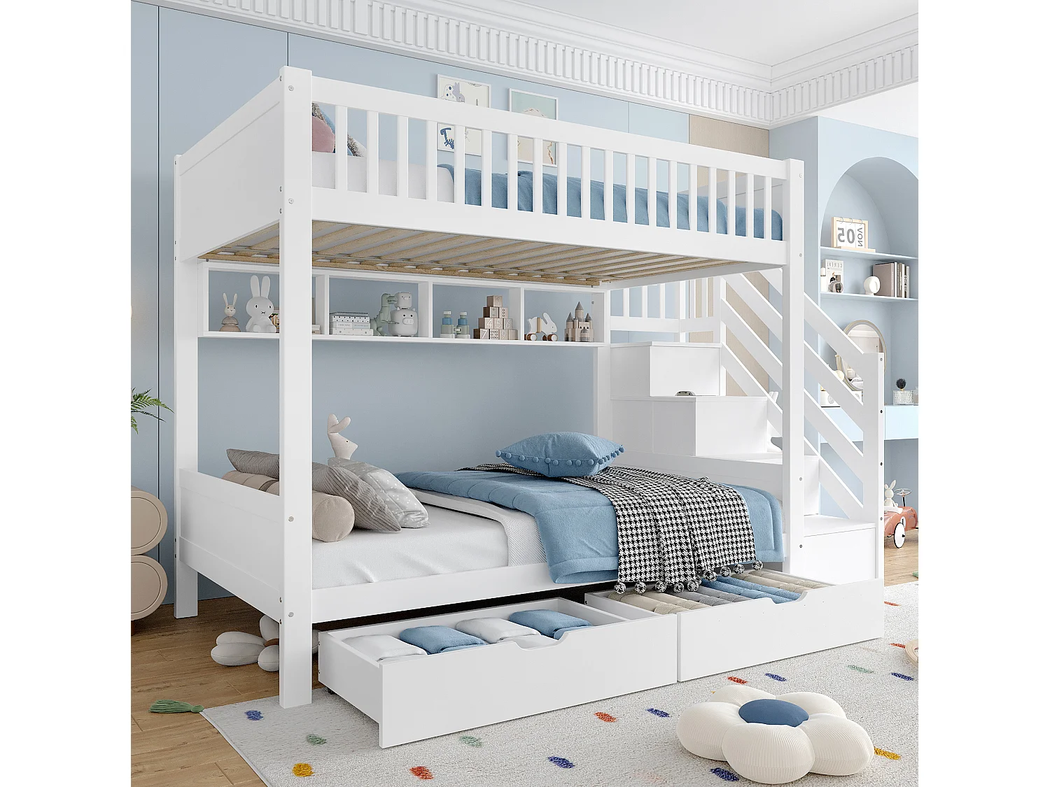 Łóżko piętrowe dla dzieci - 2 x 90 x 200 cm - z 2 szufladami + szafa + 3 schowki w schodach - Sosna + MDF - białe