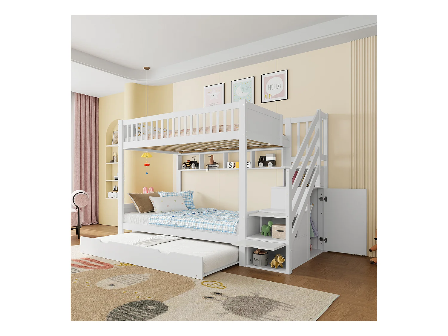 Lit superposés pour enfants - 2 x 90 x 200 cm + 90 x 190 cm - avec lit gigogne + armoir + 3 rangements dan l'escalier - Pin + MDF - blanc