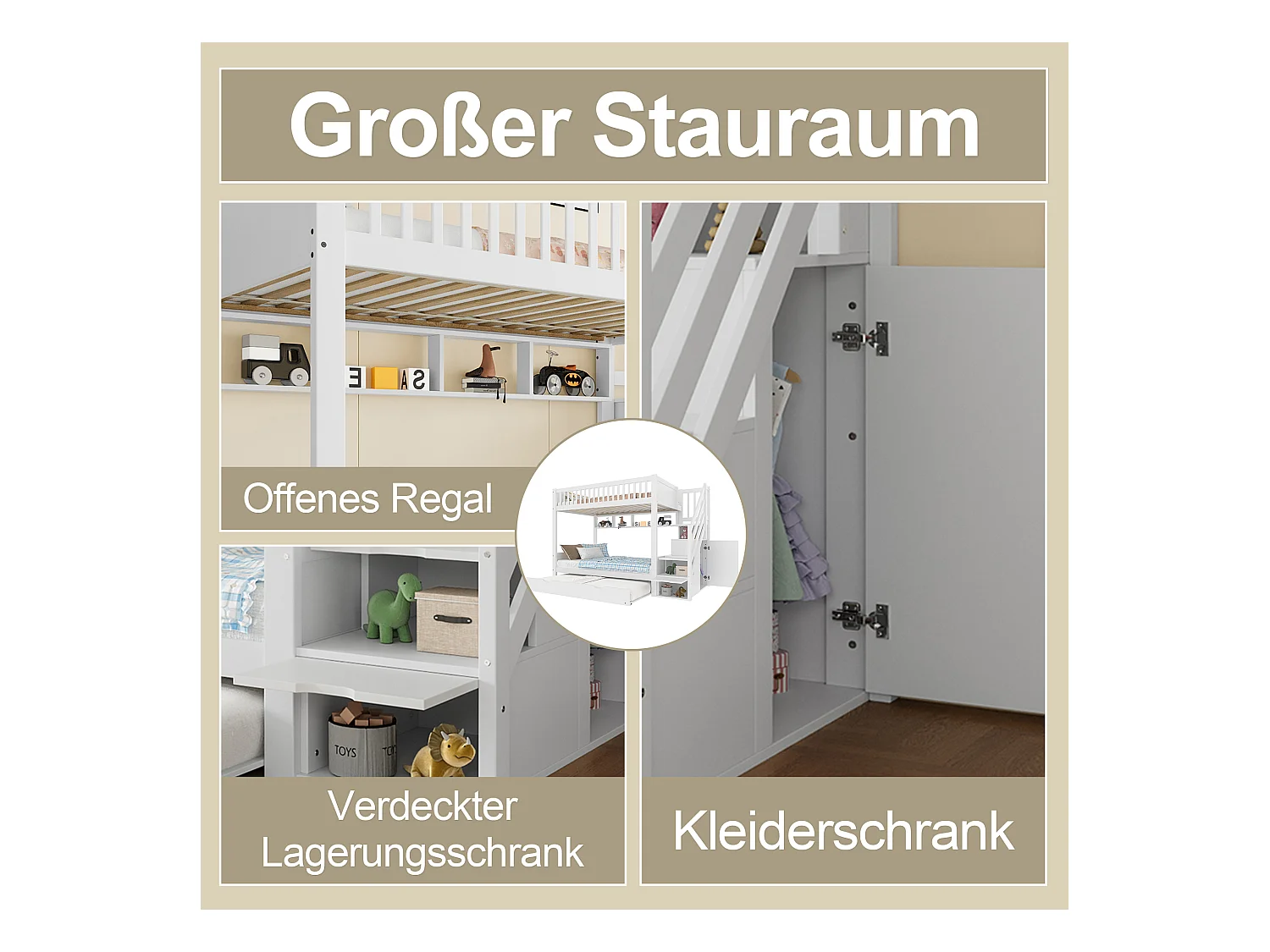 Lit superposés pour enfants - 2 x 90 x 200 cm + 90 x 190 cm - avec lit gigogne + armoir + 3 rangements dan l'escalier - Pin + MDF - blanc