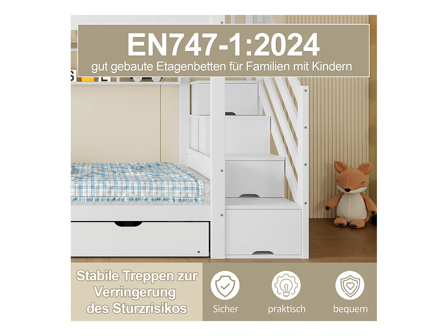 Lit superposés pour enfants - 2 x 90 x 200 cm + 90 x 190 cm - avec lit gigogne + armoir + 3 rangements dan l'escalier - Pin + MDF - blanc