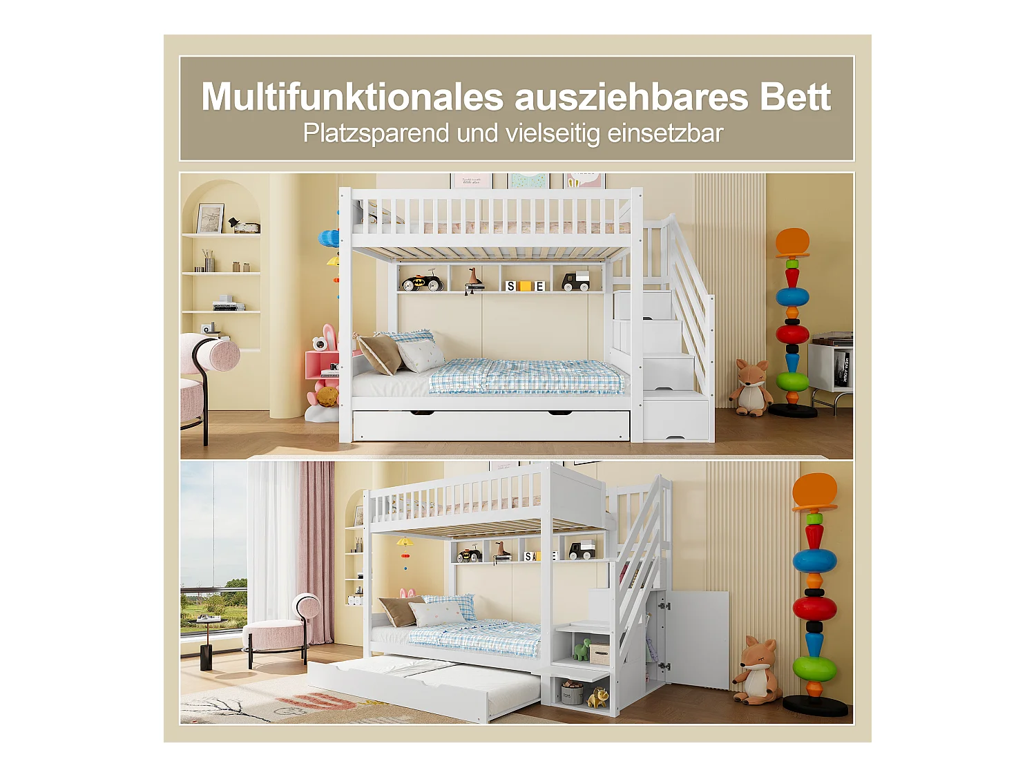 Lit superposés pour enfants - 2 x 90 x 200 cm + 90 x 190 cm - avec lit gigogne + armoir + 3 rangements dan l'escalier - Pin + MDF - blanc