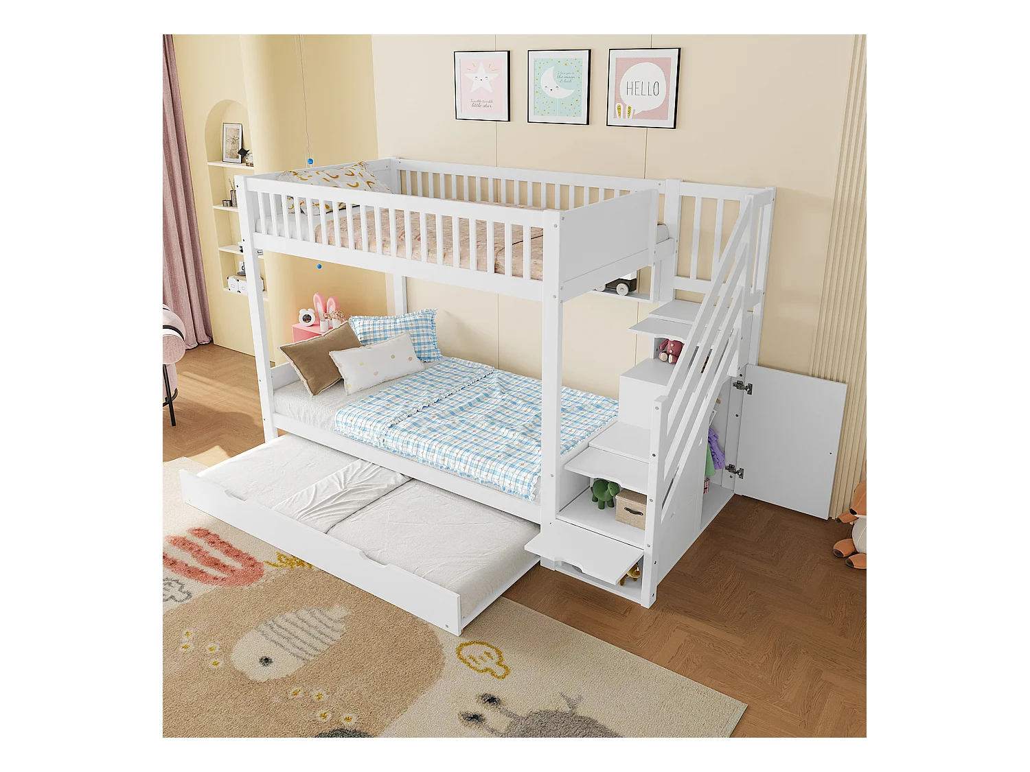 Lit superposés pour enfants - 2 x 90 x 200 cm + 90 x 190 cm - avec lit gigogne + armoir + 3 rangements dan l'escalier - Pin + MDF - blanc