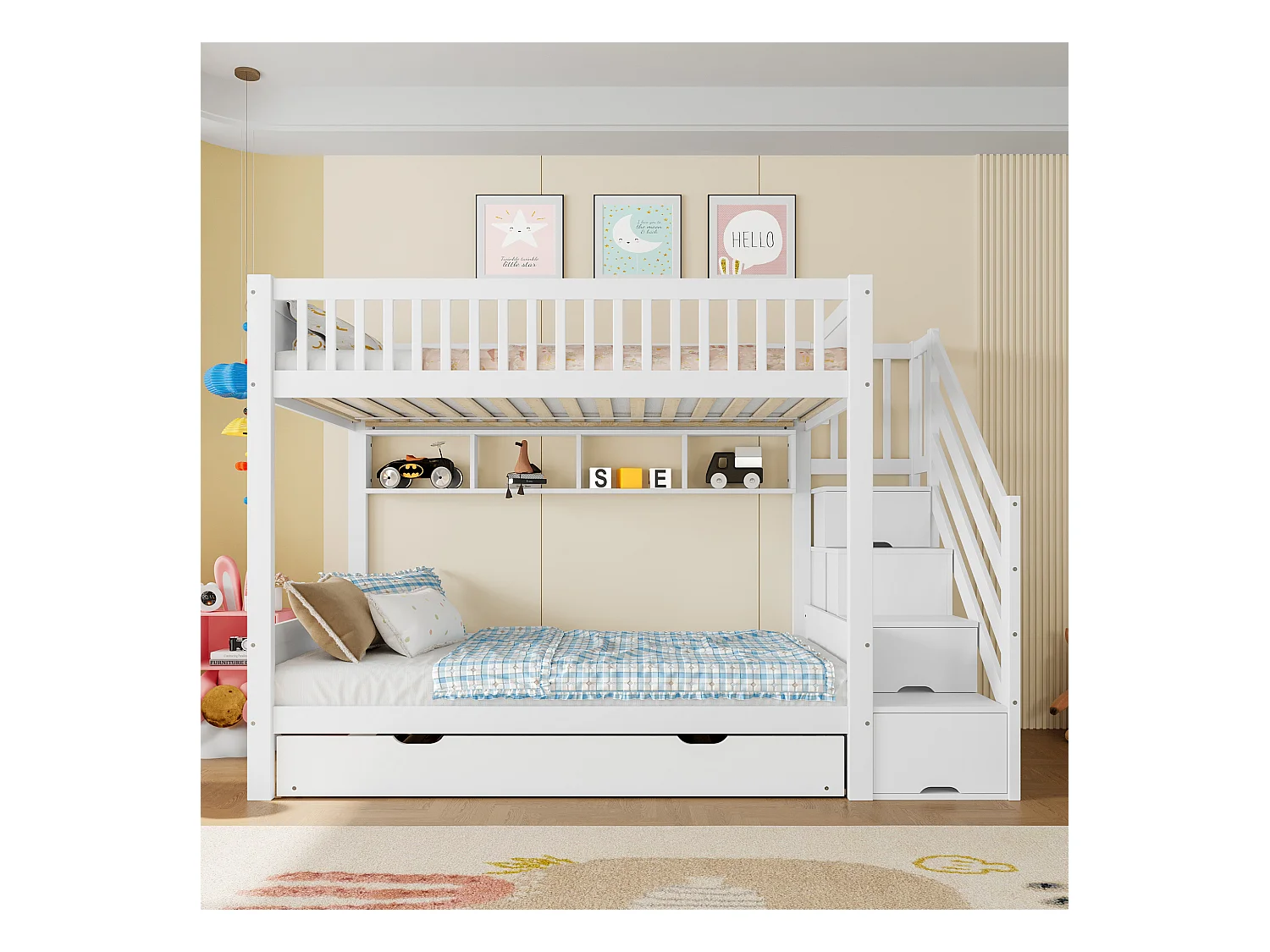 Lit superposés pour enfants - 2 x 90 x 200 cm + 90 x 190 cm - avec lit gigogne + armoir + 3 rangements dan l'escalier - Pin + MDF - blanc