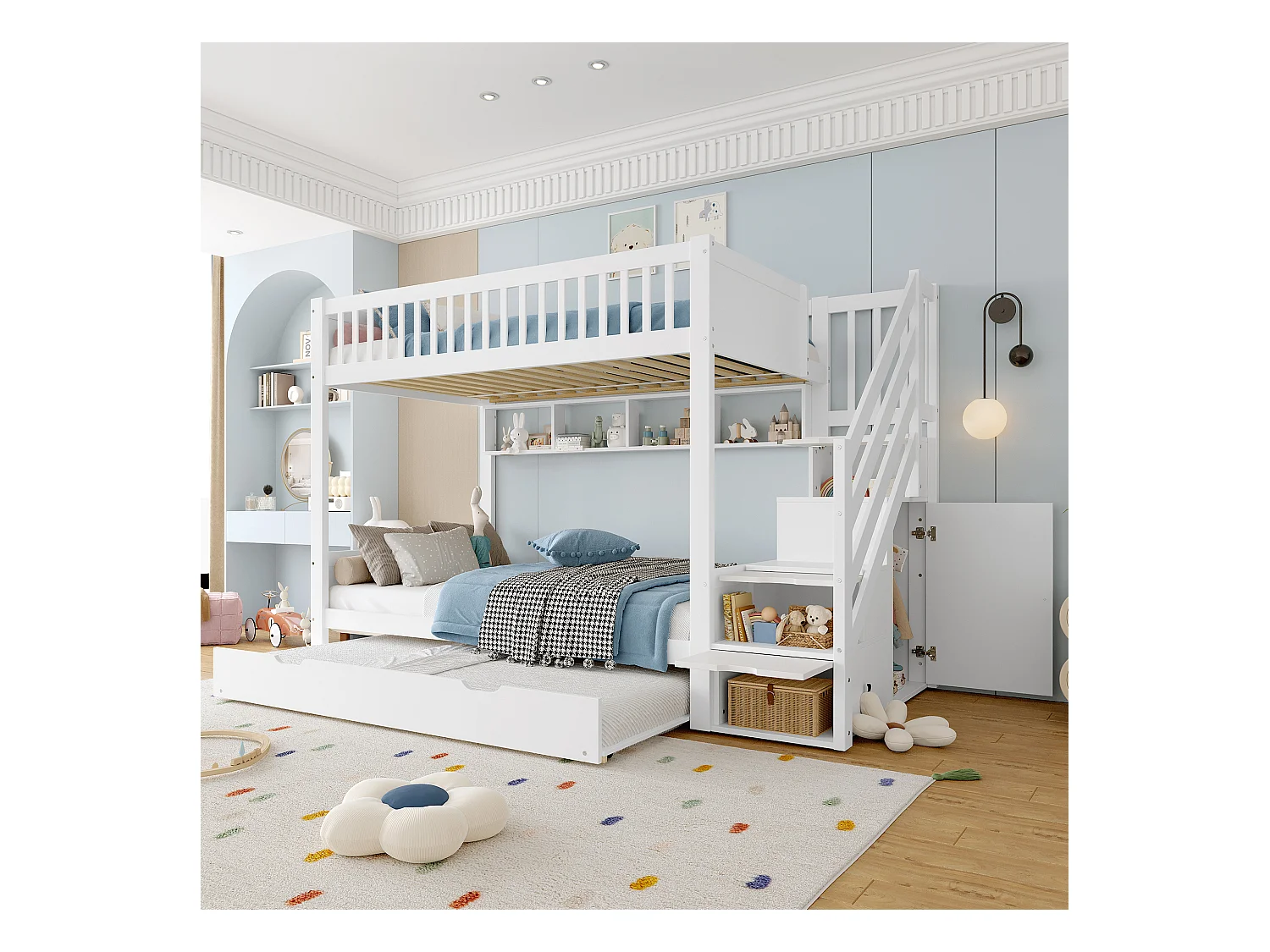 Lit superposés pour enfants - 2 x 90 x 200 cm + 90 x 190 cm - avec lit gigogne + armoir + 3 rangements dan l'escalier - Pin + MDF - blanc