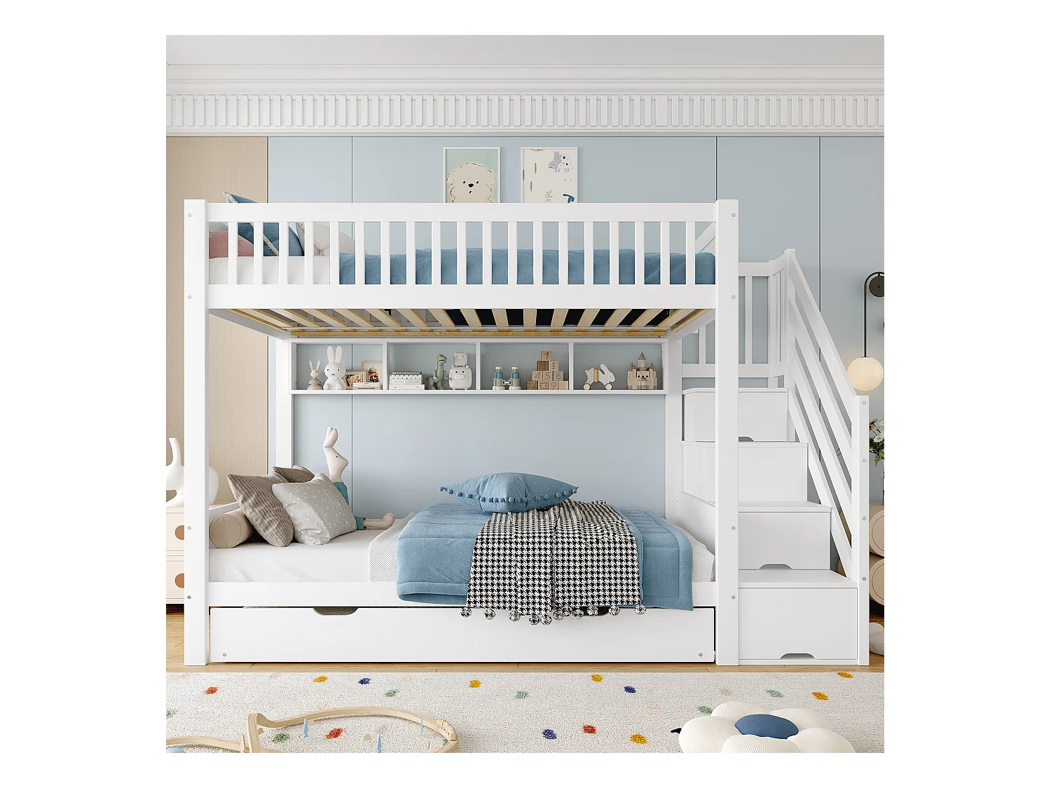 Lit superposés pour enfants - 2 x 90 x 200 cm + 90 x 190 cm - avec lit gigogne + armoir + 3 rangements dan l'escalier - Pin + MDF - blanc
