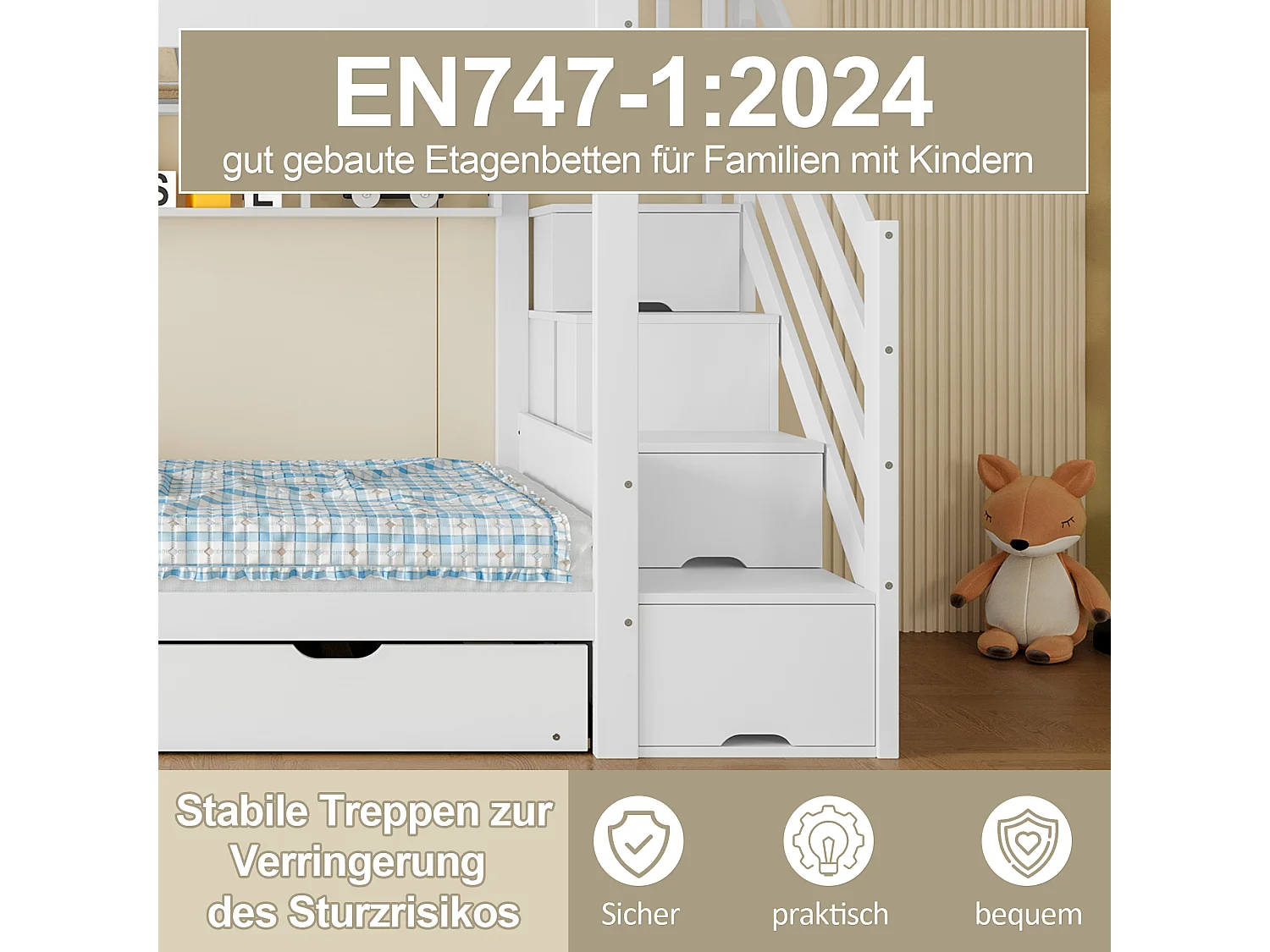 Lit superposés pour enfants - 2 x 90 x 200 cm + 90 x 190 cm - avec lit gigogne + armoir + 3 rangements dan l'escalier - Pin + MDF - blanc