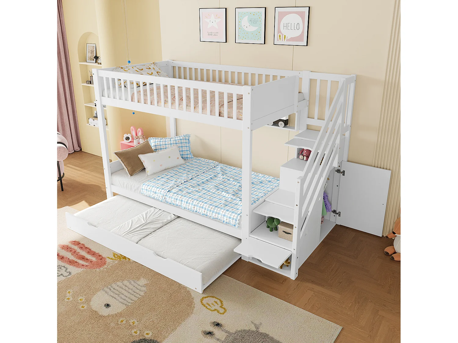 Lit superposés pour enfants - 2 x 90 x 200 cm + 90 x 190 cm - avec lit gigogne + armoir + 3 rangements dan l'escalier - Pin + MDF - blanc