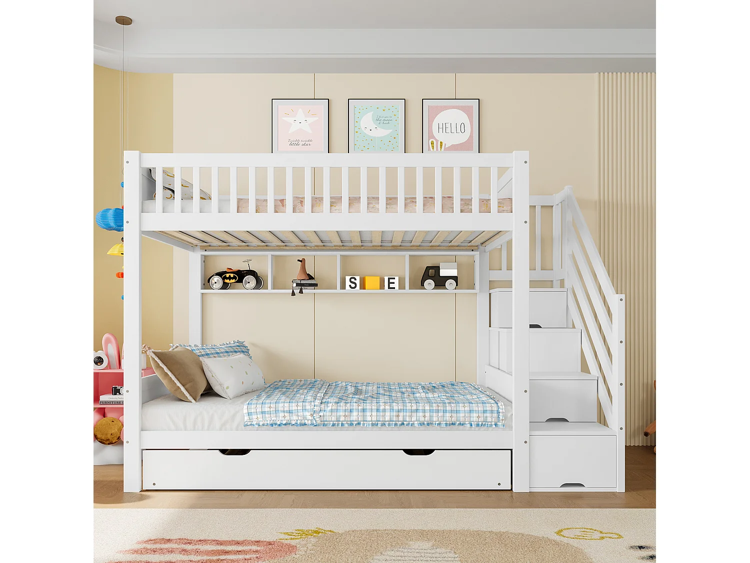 Lit superposés pour enfants - 2 x 90 x 200 cm + 90 x 190 cm - avec lit gigogne + armoir + 3 rangements dan l'escalier - Pin + MDF - blanc