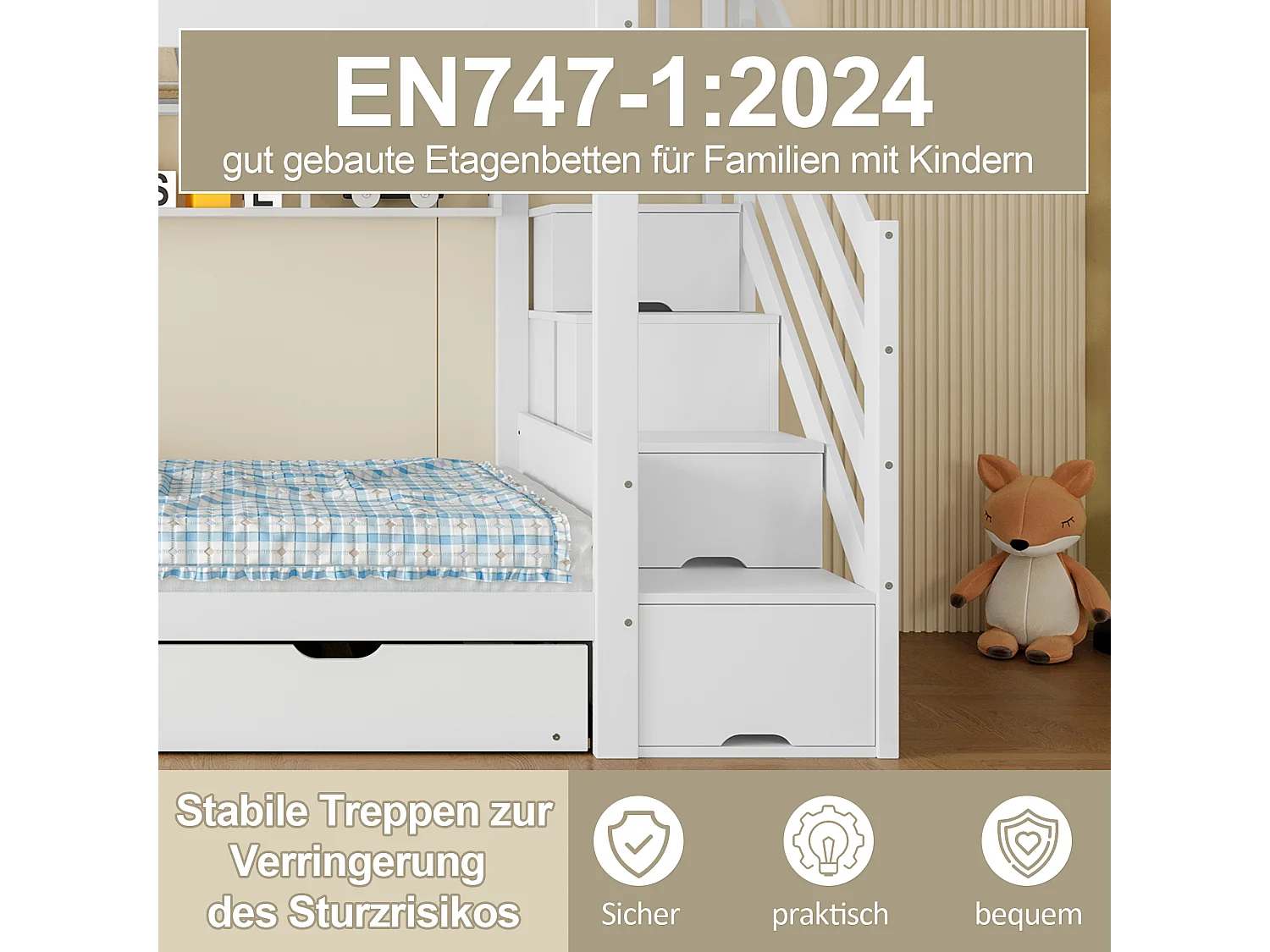 Kinder-Etagenbett - 2 x 90 x 200 cm + 90 x 190 cm - mit Ausziehbett + Kleiderschrank + 3 Stauräume in der Treppe - Kiefer + MDF - weiß