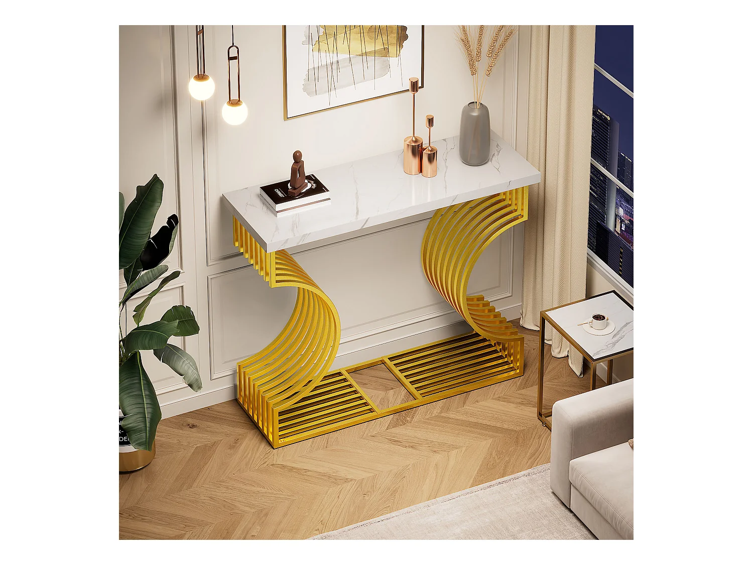 Table basse moderne simple - 100 x 30 x 80 cm - petite table d'appoint - MDF - Blanc + doré