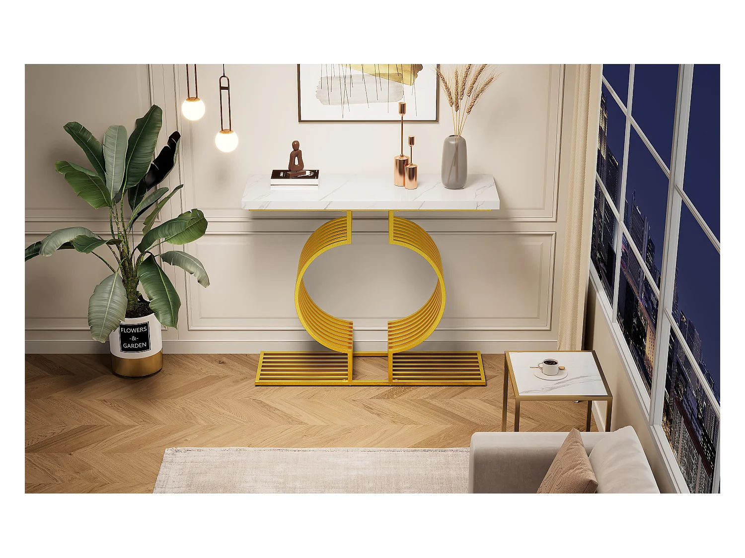 Table basse moderne simple - 100 x 30 x 80 cm - petite table d'appoint - MDF - Blanc + doré