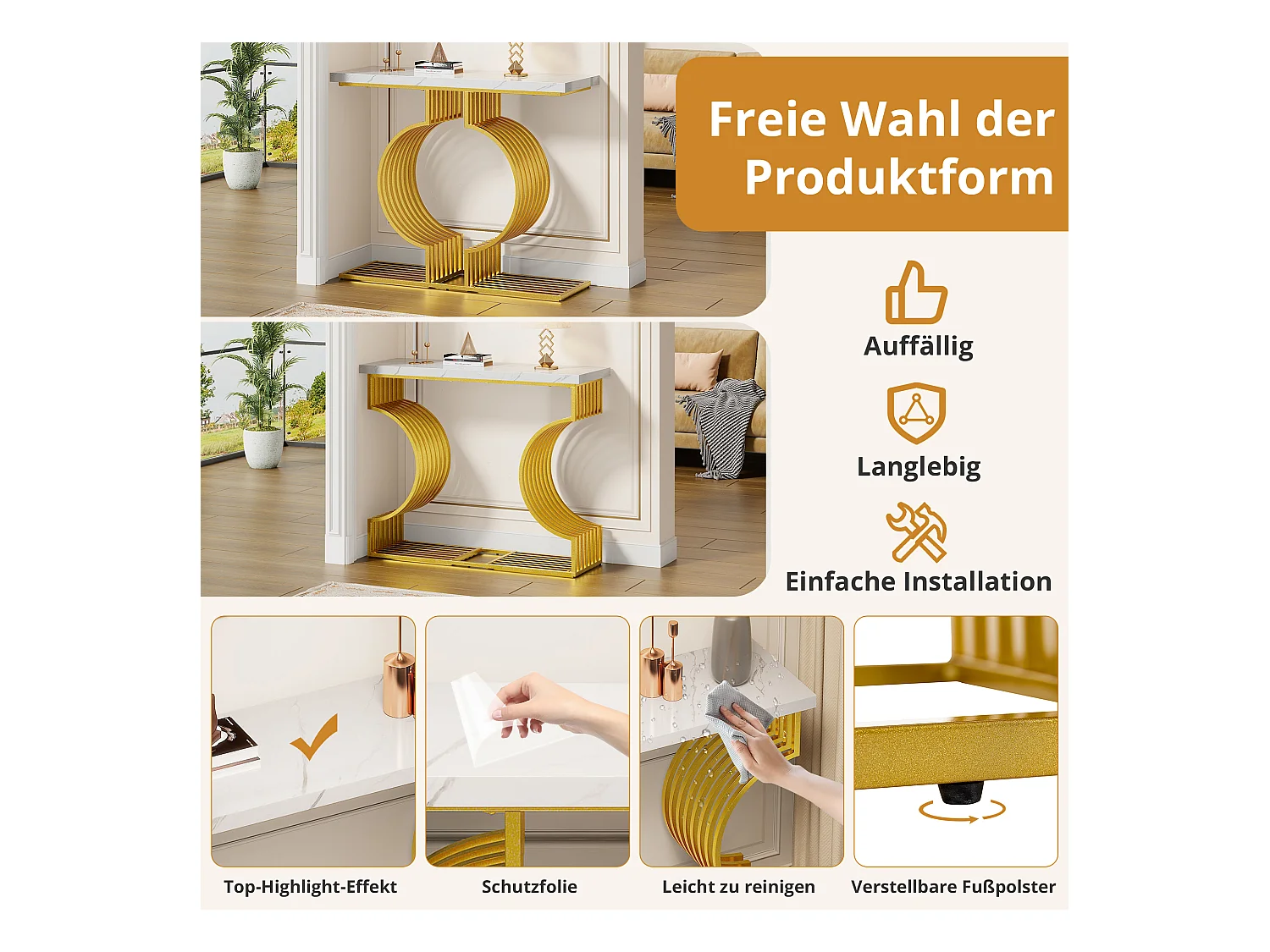 Table basse moderne simple - 100 x 30 x 80 cm - petite table d'appoint - MDF - Blanc + doré