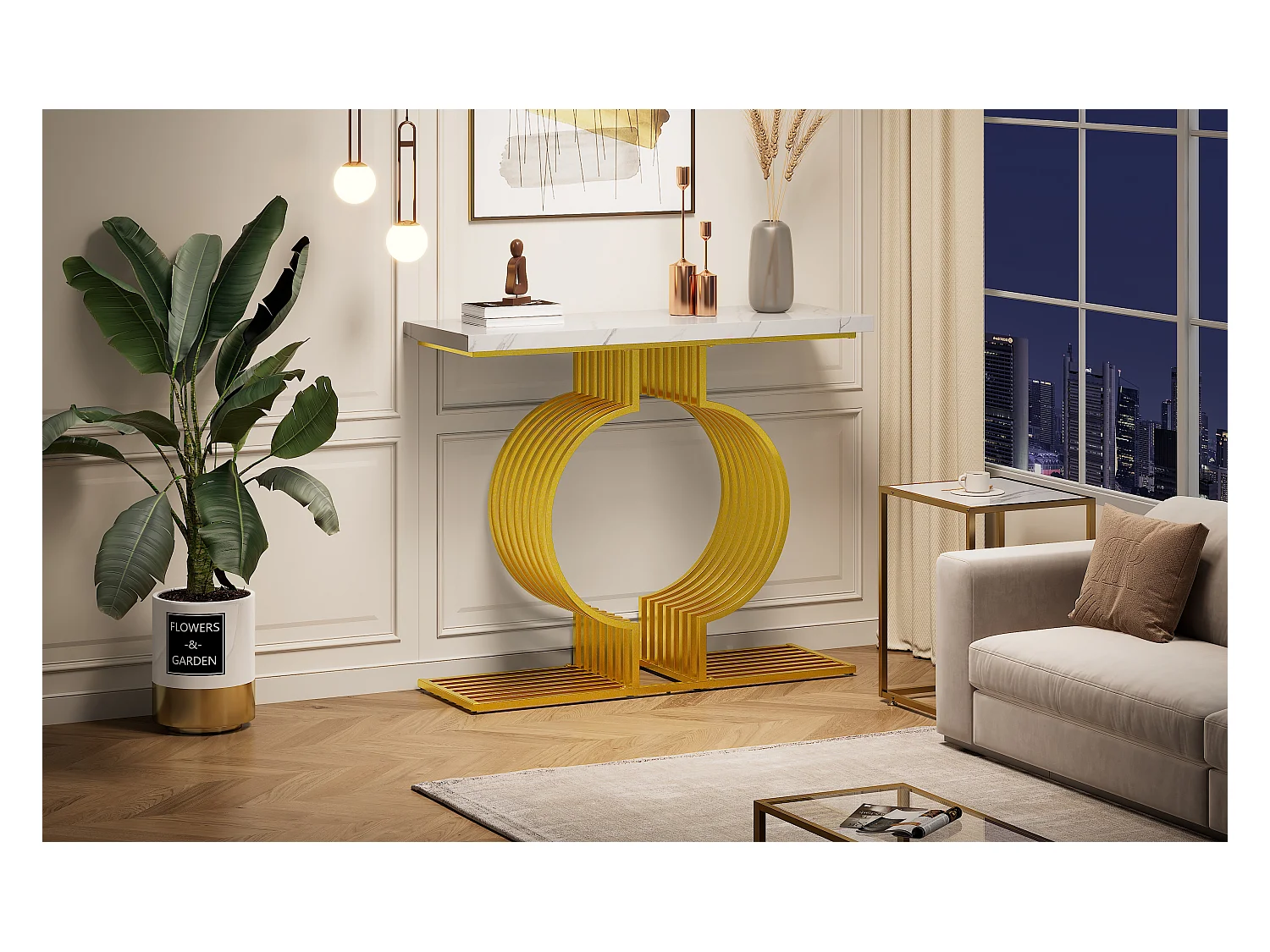 Table basse moderne simple - 100 x 30 x 80 cm - petite table d'appoint - MDF - Blanc + doré