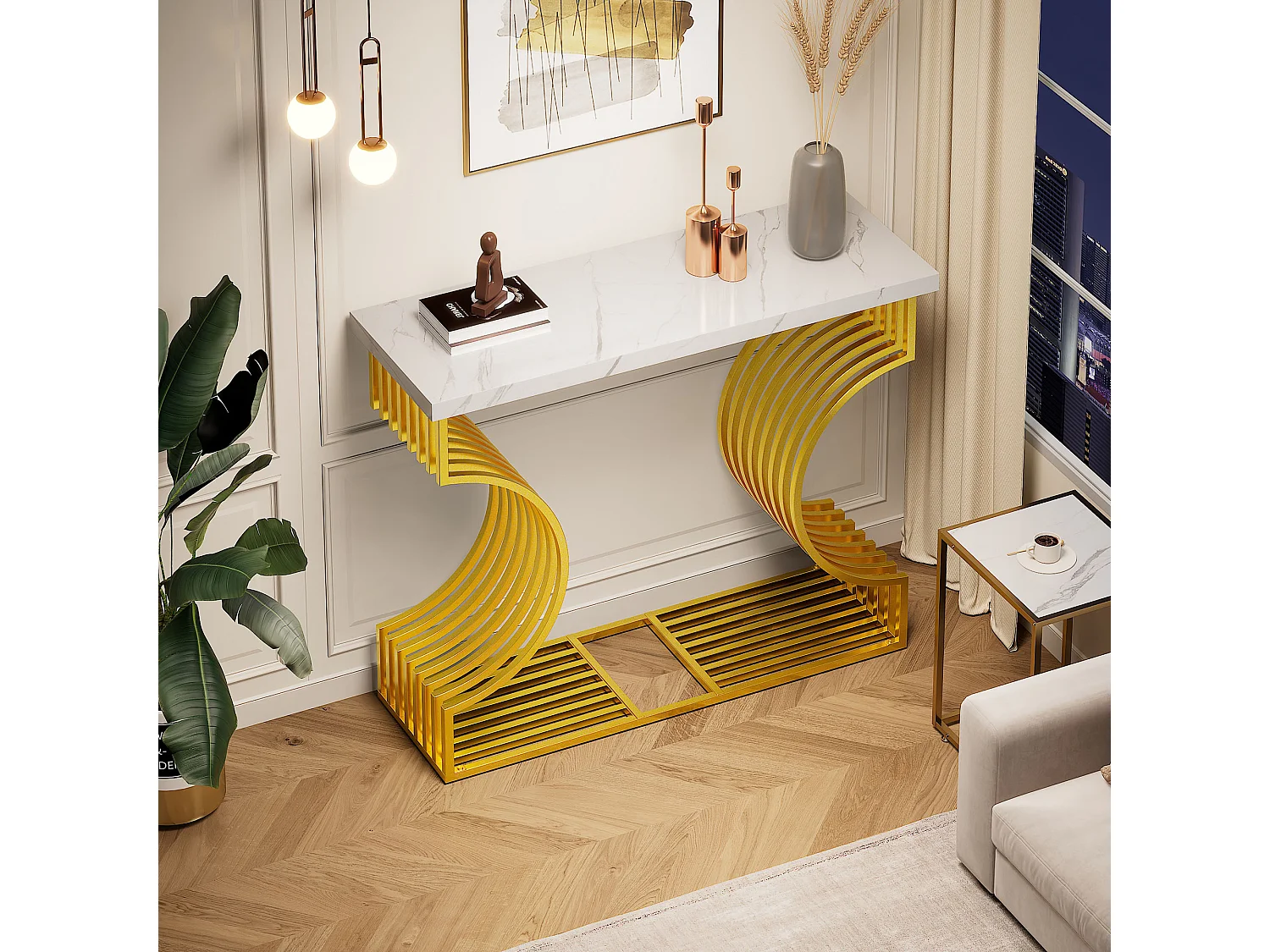 Table basse moderne simple - 100 x 30 x 80 cm - petite table d'appoint - MDF - Blanc + doré