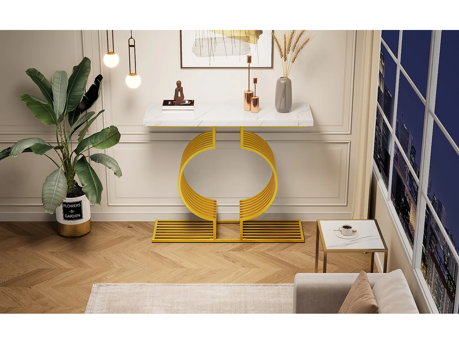 Table basse moderne simple - 100 x 30 x 80 cm - petite table d'appoint - MDF - Blanc + doré