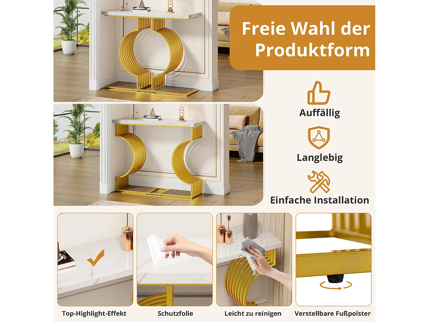 Table basse moderne simple - 100 x 30 x 80 cm - petite table d'appoint - MDF - Blanc + doré