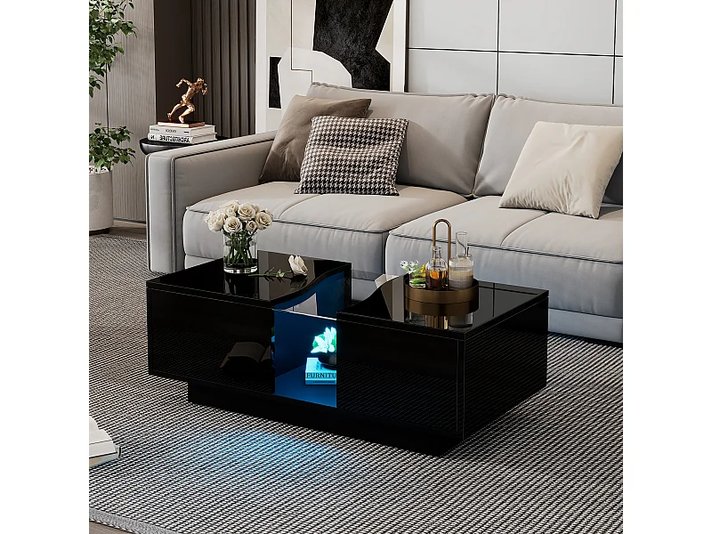 Moderner Couchtisch - 100 x 50 x 35 cm - mit LEDs + 2 Schubladen - Acrylplatte - MDF - schwarz