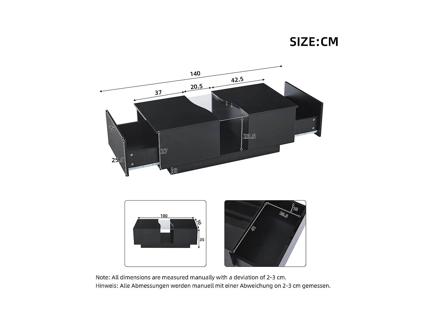 Table basse moderne - 100 x 50 x 35 cm - avec Leds + 2 tiroirs - plateau en acrylique - MDF - noir