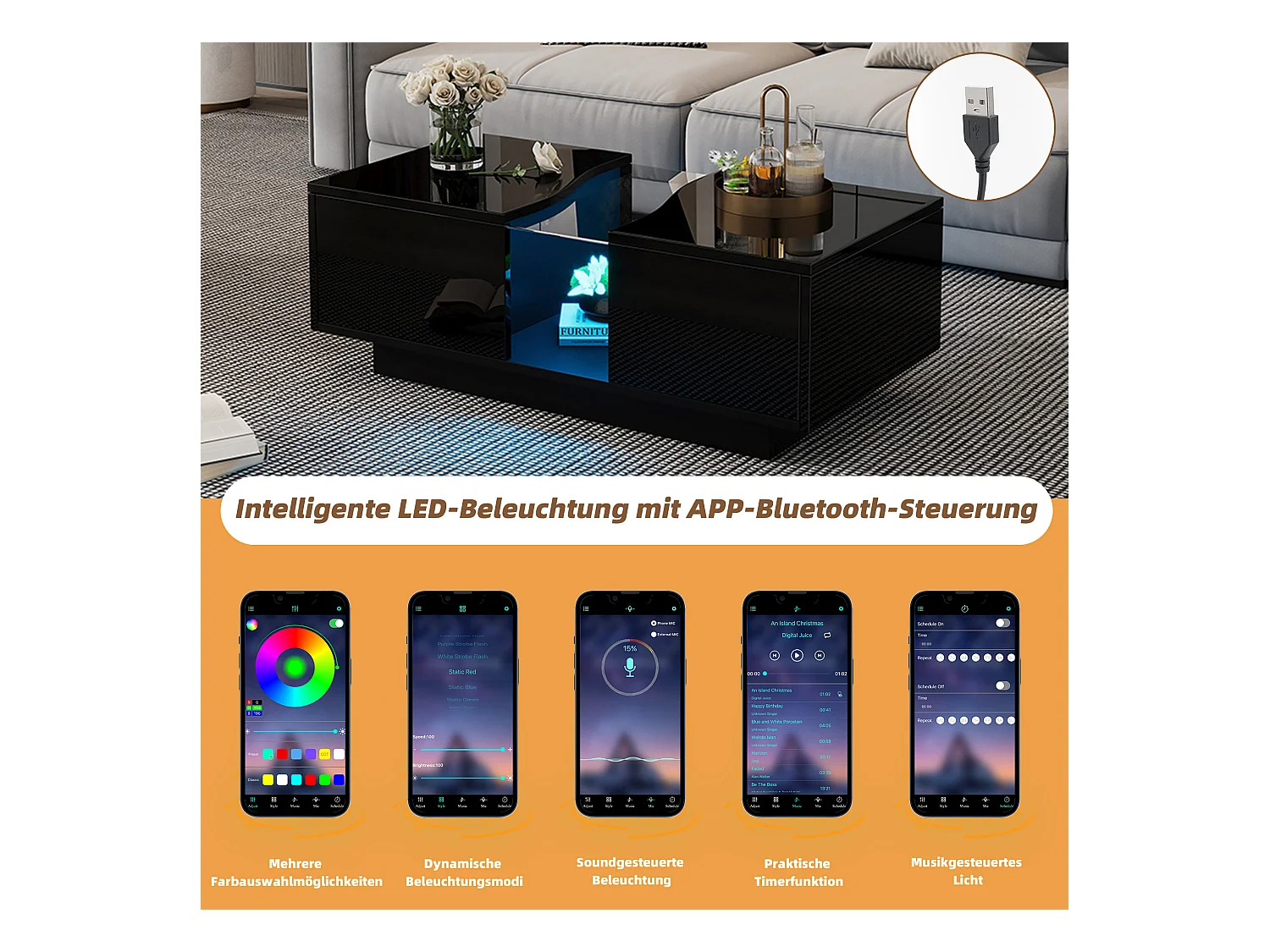 Table basse moderne - 100 x 50 x 35 cm - avec Leds + 2 tiroirs - plateau en acrylique - MDF - noir