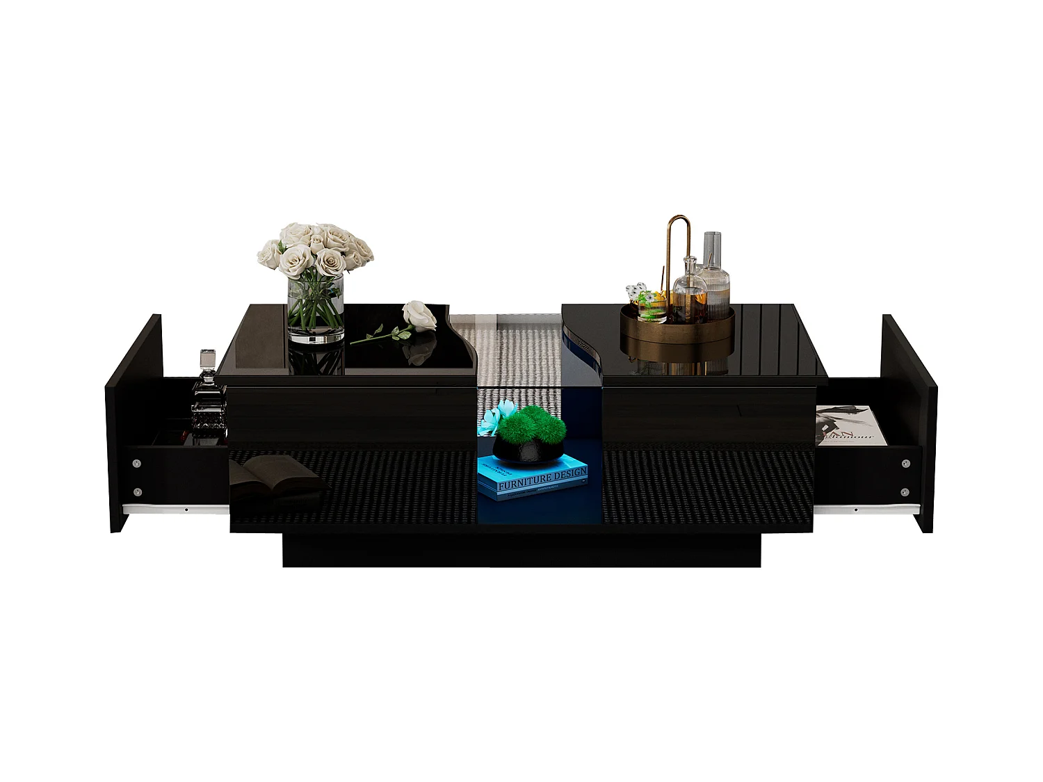 Table basse moderne - 100 x 50 x 35 cm - avec Leds + 2 tiroirs - plateau en acrylique - MDF - noir