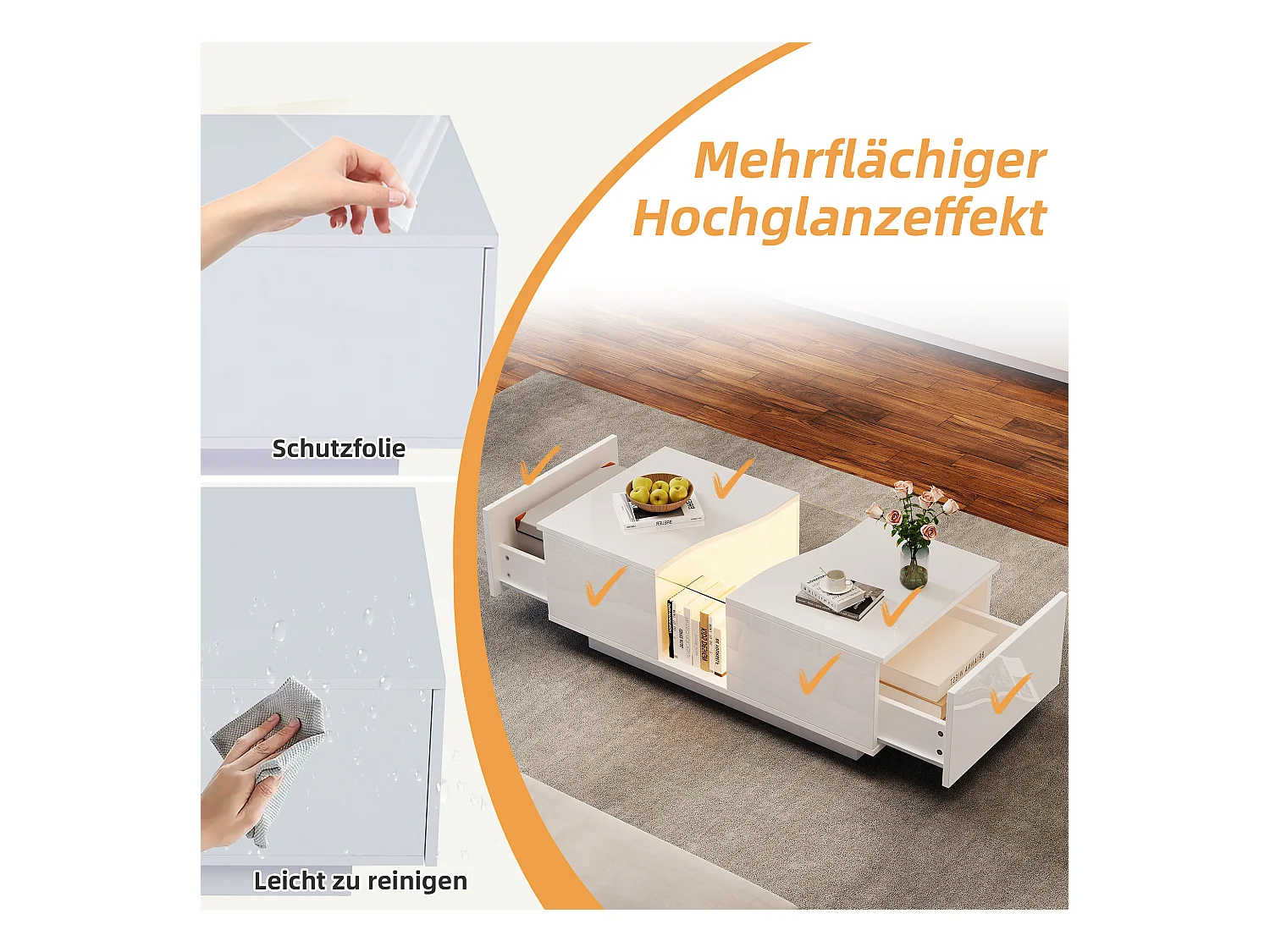 Moderne salontafel - 100 x 50 x 35 cm - met LED's + 2 laden - acryl blad - MDF - wit