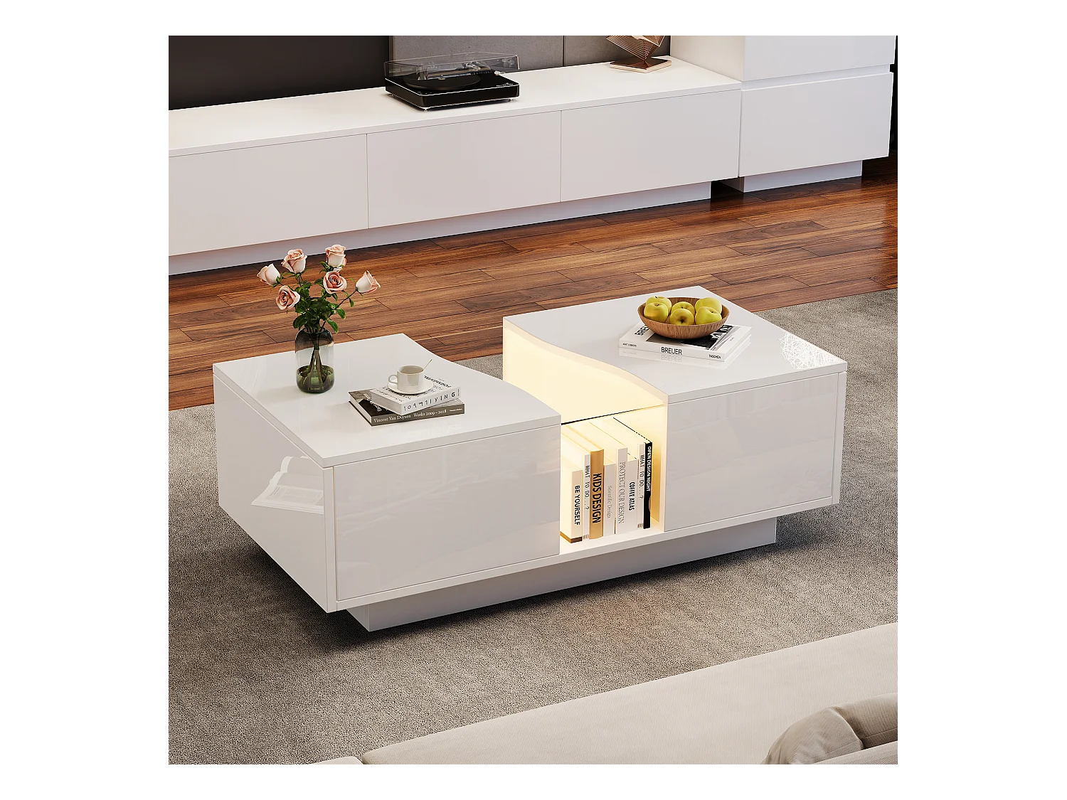 Moderne salontafel - 100 x 50 x 35 cm - met LED's + 2 laden - acryl blad - MDF - wit