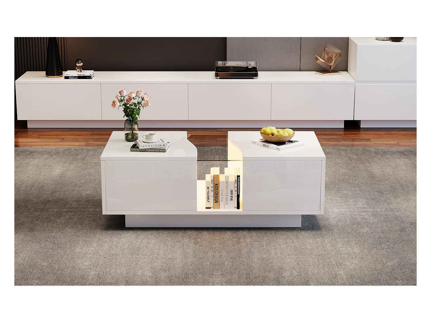 Moderne salontafel - 100 x 50 x 35 cm - met LED's + 2 laden - acryl blad - MDF - wit