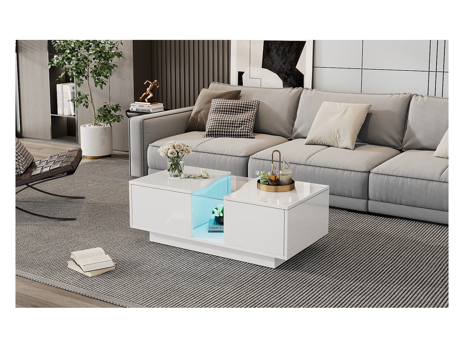 Moderne salontafel - 100 x 50 x 35 cm - met LED's + 2 laden - acryl blad - MDF - wit