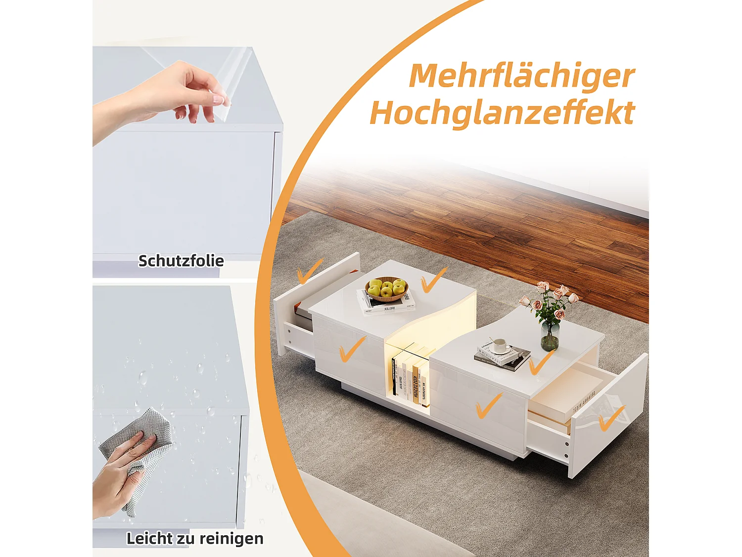 Table basse moderne - 100 x 50 x 35 cm - avec Leds + 2 tiroirs - plateau en acrylique - MDF - blanc