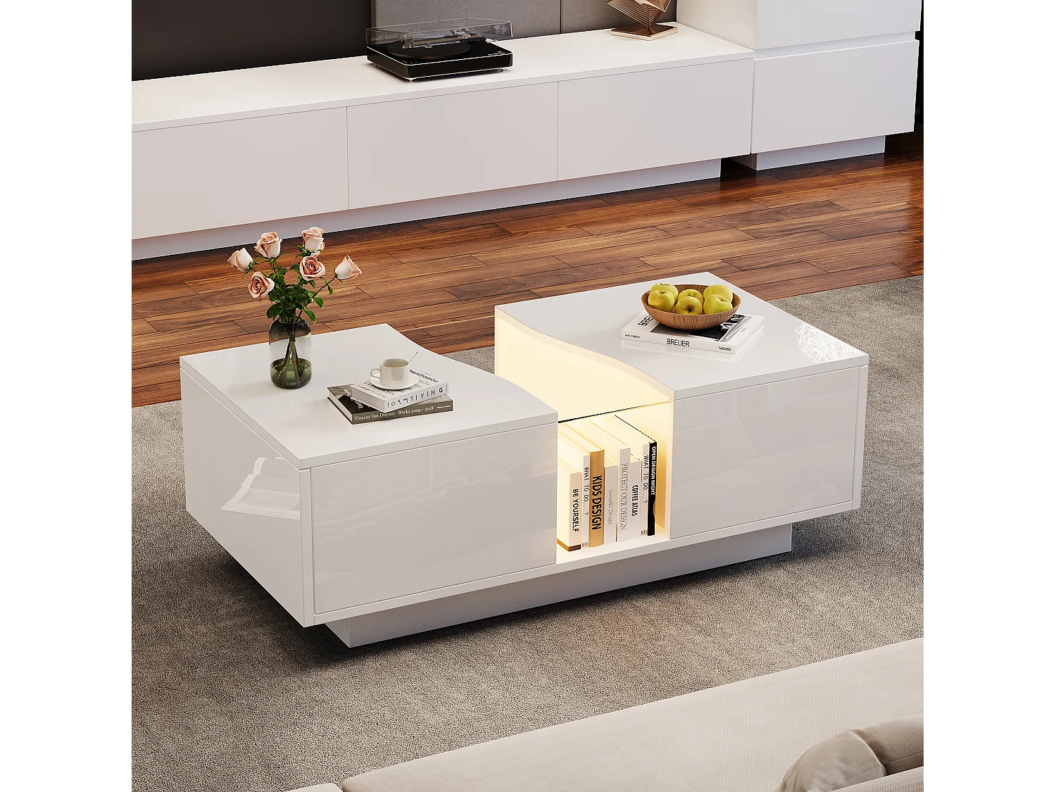 Table basse moderne - 100 x 50 x 35 cm - avec Leds + 2 tiroirs - plateau en acrylique - MDF - blanc