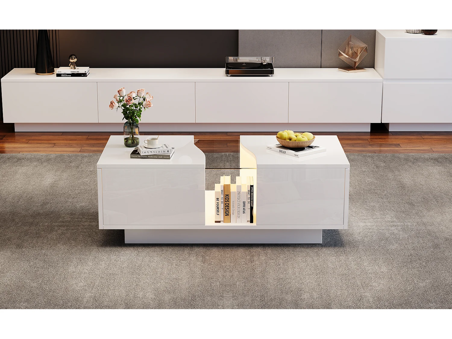 Table basse moderne - 100 x 50 x 35 cm - avec Leds + 2 tiroirs - plateau en acrylique - MDF - blanc