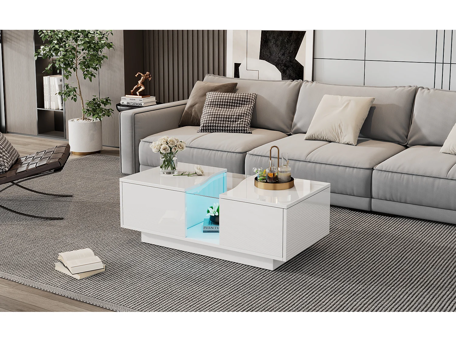 Table basse moderne - 100 x 50 x 35 cm - avec Leds + 2 tiroirs - plateau en acrylique - MDF - blanc