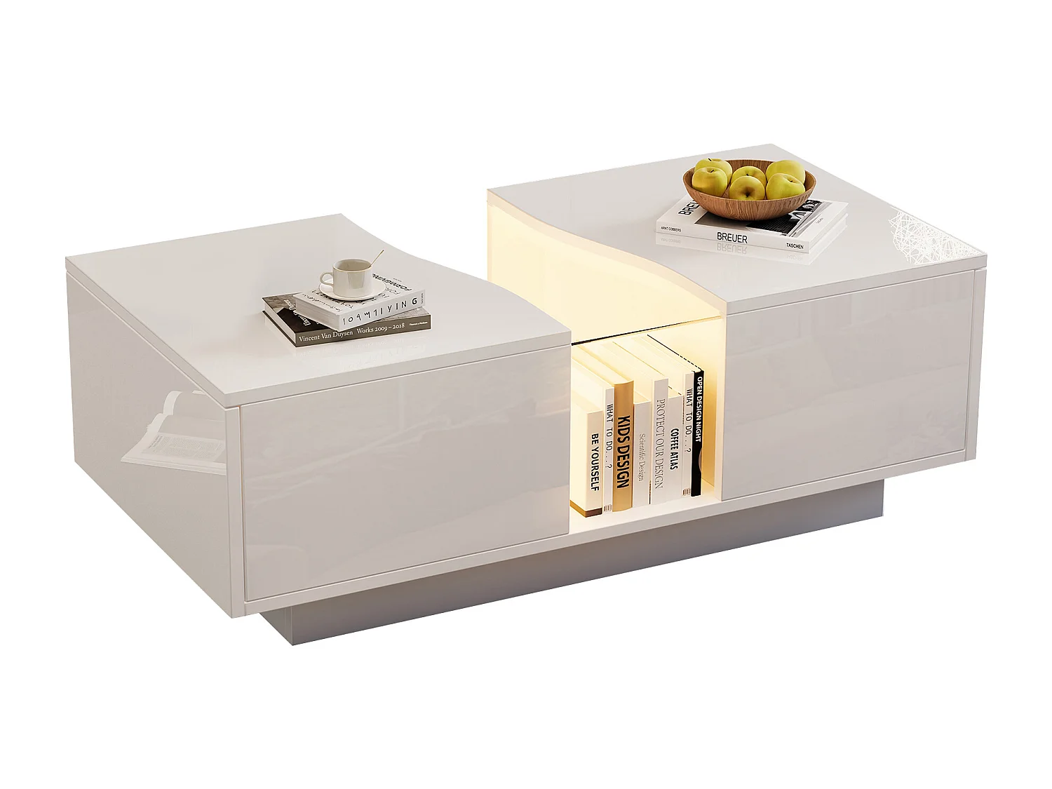 Table basse moderne - 100 x 50 x 35 cm - avec Leds + 2 tiroirs - plateau en acrylique - MDF - blanc