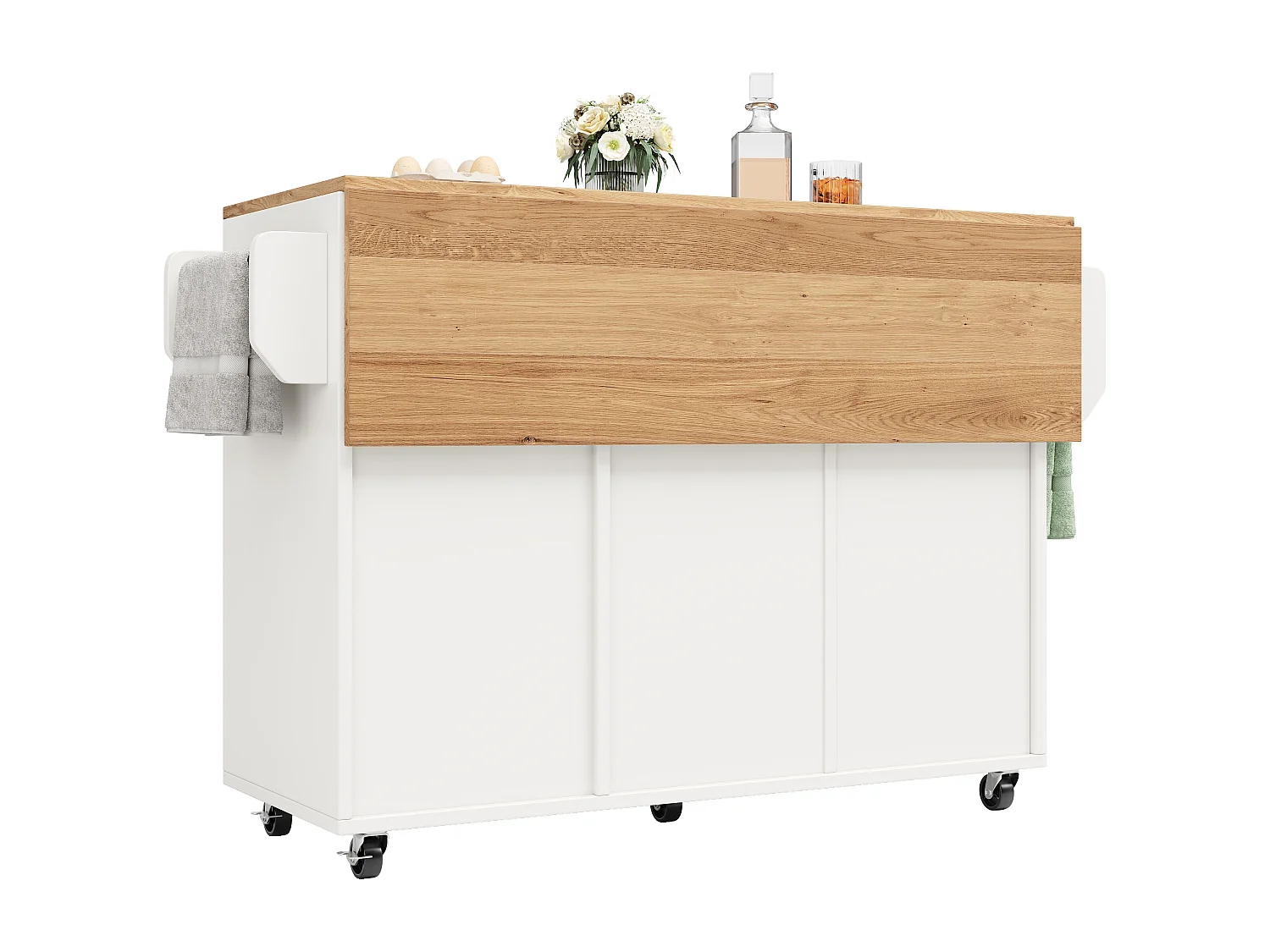 Keukeneiland Met Wielen – Uitbreidbare Eettafel Tot 150 Cm Met Stopcontacten En LED – Wit Hout