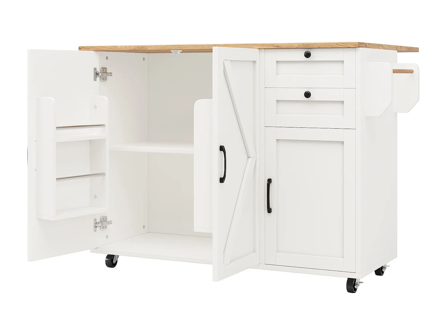 Kücheninsel auf Rollen - 140 x 43 x 92 cm - mit ausziehbarer Arbeitsplatte + 3 Türen + 2 Schubladen - Metall + MDF - weiß