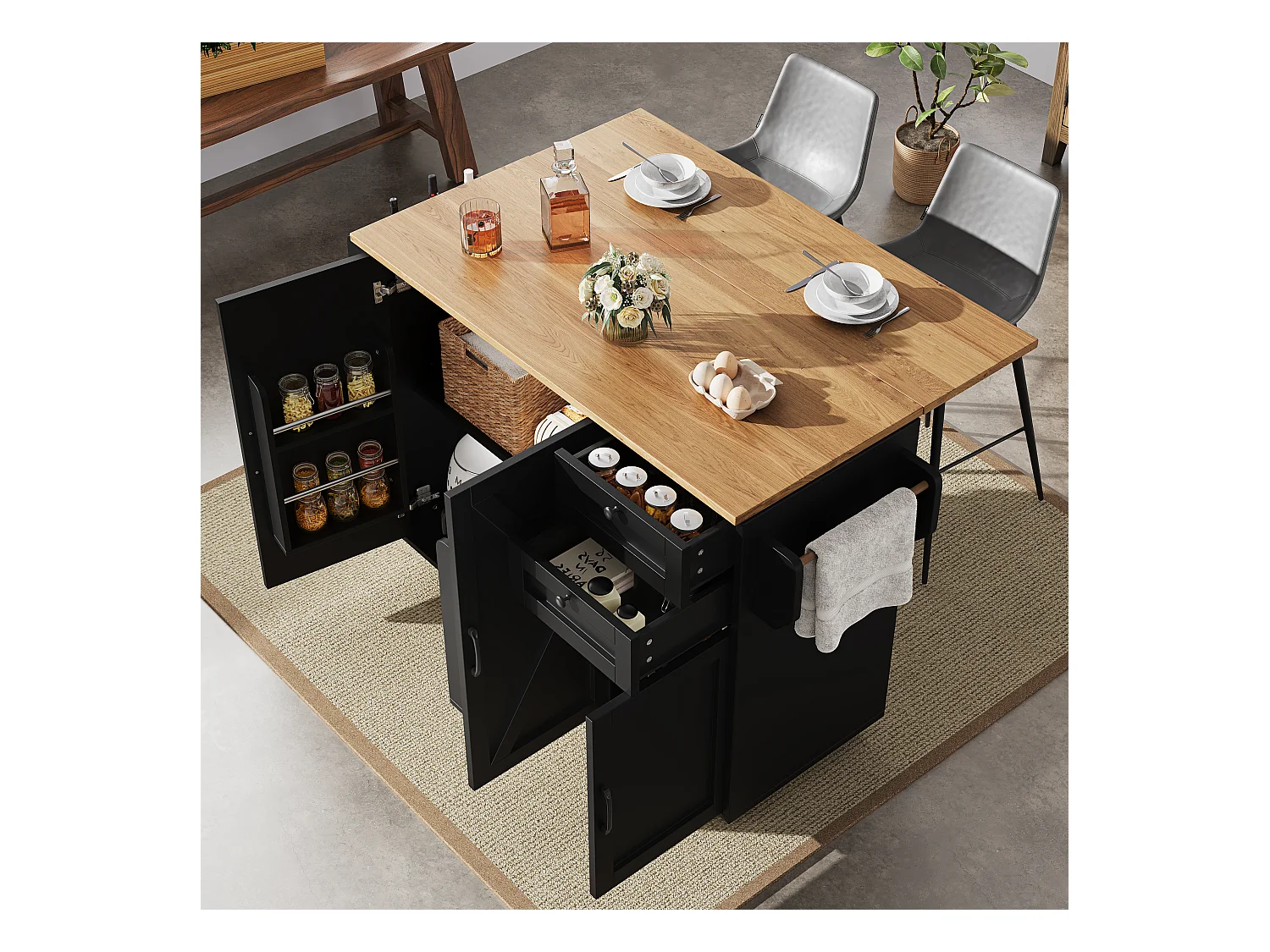 Kücheninsel auf Rollen - 140 x 43 x 92 cm - mit ausziehbarer Arbeitsplatte + 3 Türen + 2 Schubladen - Metall + MDF - schwarz