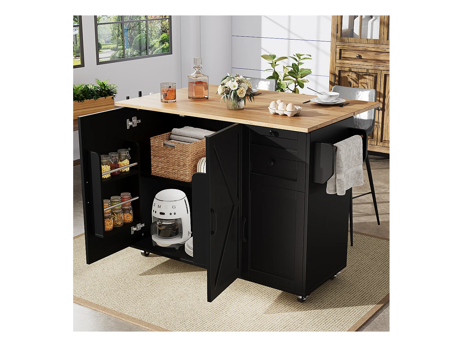 Kücheninsel auf Rollen - 140 x 43 x 92 cm - mit ausziehbarer Arbeitsplatte + 3 Türen + 2 Schubladen - Metall + MDF - schwarz