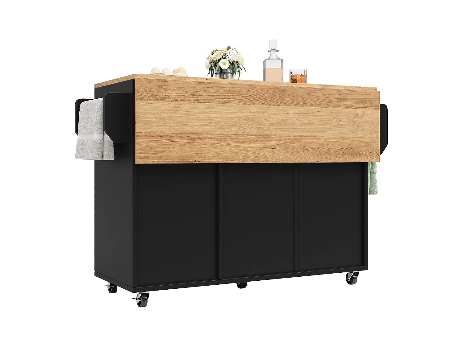 Kücheninsel auf Rollen - 140 x 43 x 92 cm - mit ausziehbarer Arbeitsplatte + 3 Türen + 2 Schubladen - Metall + MDF - schwarz