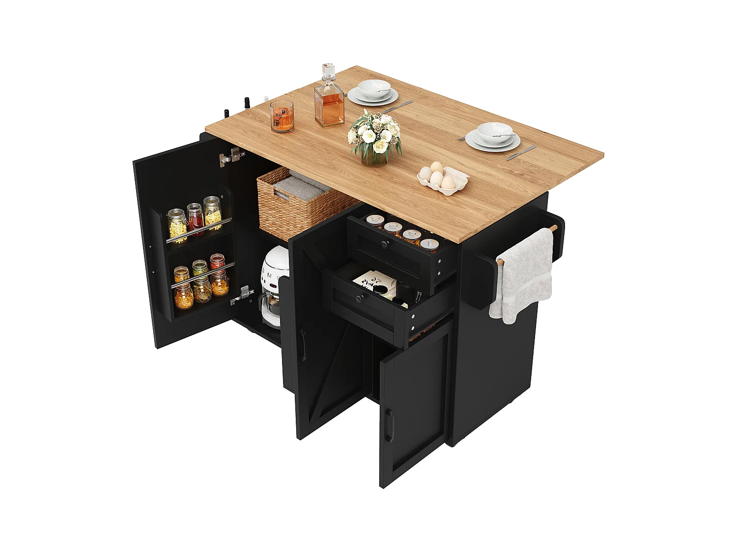 Kücheninsel auf Rollen - 140 x 43 x 92 cm - mit ausziehbarer Arbeitsplatte + 3 Türen + 2 Schubladen - Metall + MDF - schwarz