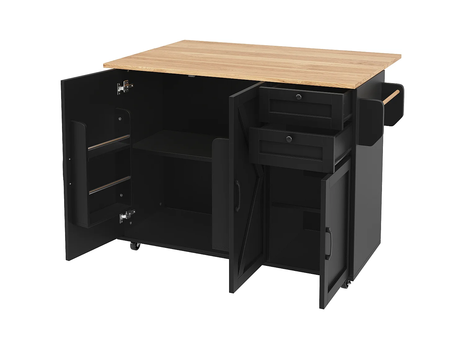 Kücheninsel auf Rollen - 140 x 43 x 92 cm - mit ausziehbarer Arbeitsplatte + 3 Türen + 2 Schubladen - Metall + MDF - schwarz