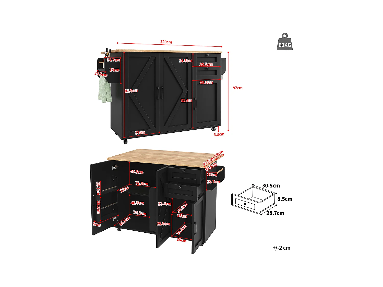 Kücheninsel auf Rollen - 140 x 43 x 92 cm - mit ausziehbarer Arbeitsplatte + 3 Türen + 2 Schubladen - Metall + MDF - schwarz
