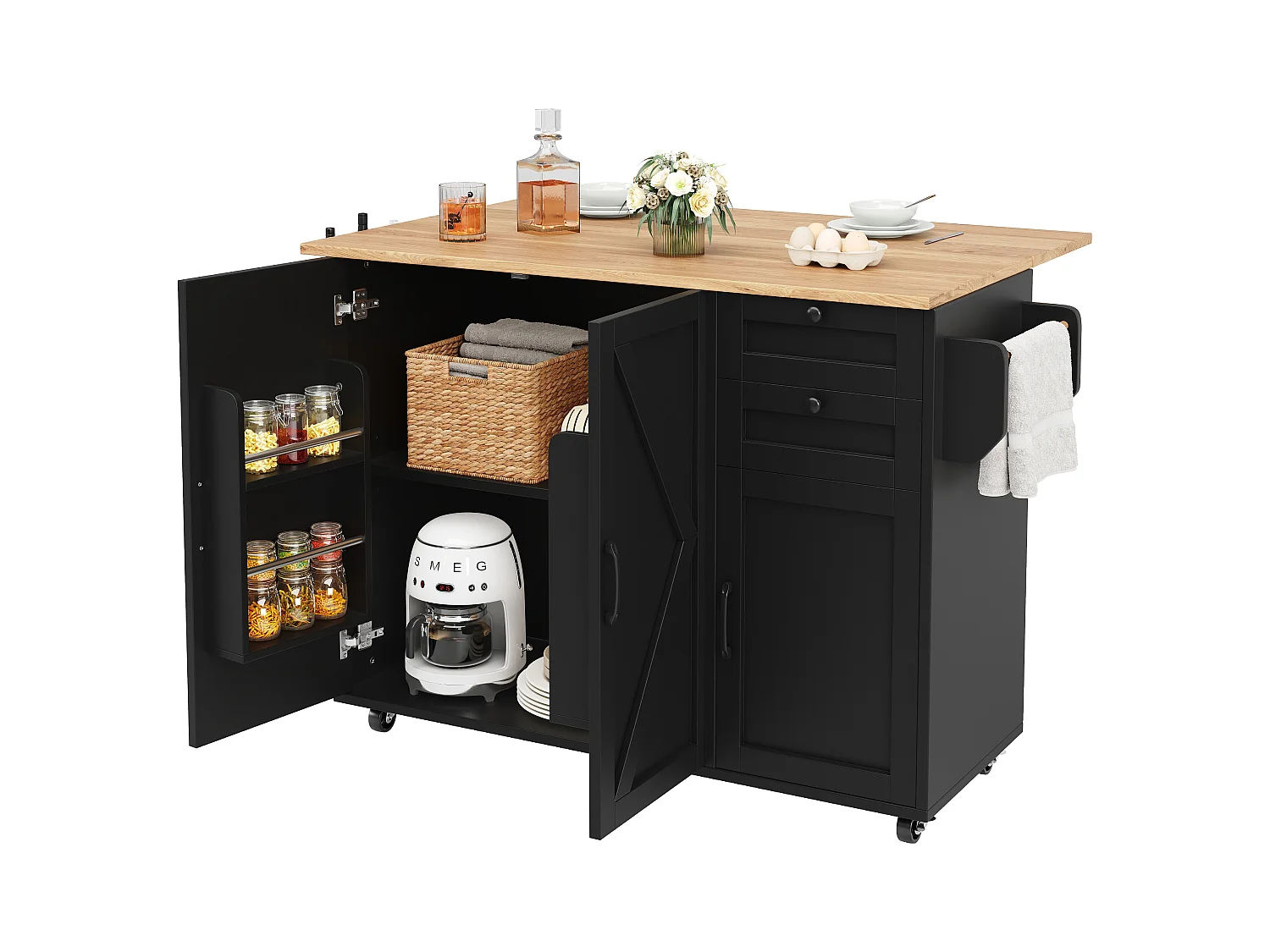 Kücheninsel auf Rollen - 140 x 43 x 92 cm - mit ausziehbarer Arbeitsplatte + 3 Türen + 2 Schubladen - Metall + MDF - schwarz