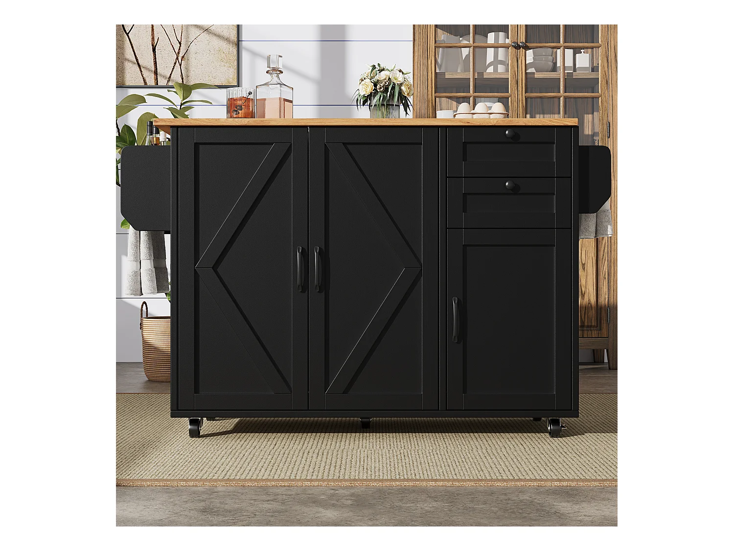 Kücheninsel auf Rollen - 140 x 43 x 92 cm - mit ausziehbarer Arbeitsplatte + 3 Türen + 2 Schubladen - Metall + MDF - schwarz