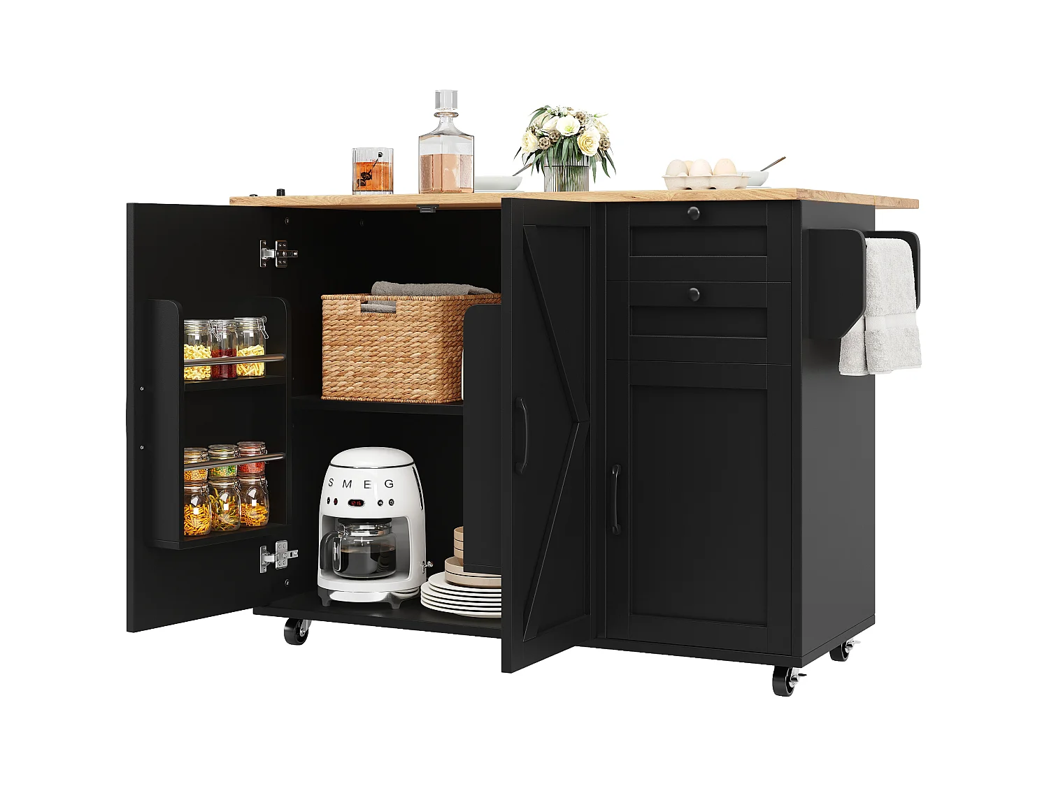 Kücheninsel auf Rollen - 140 x 43 x 92 cm - mit ausziehbarer Arbeitsplatte + 3 Türen + 2 Schubladen - Metall + MDF - schwarz