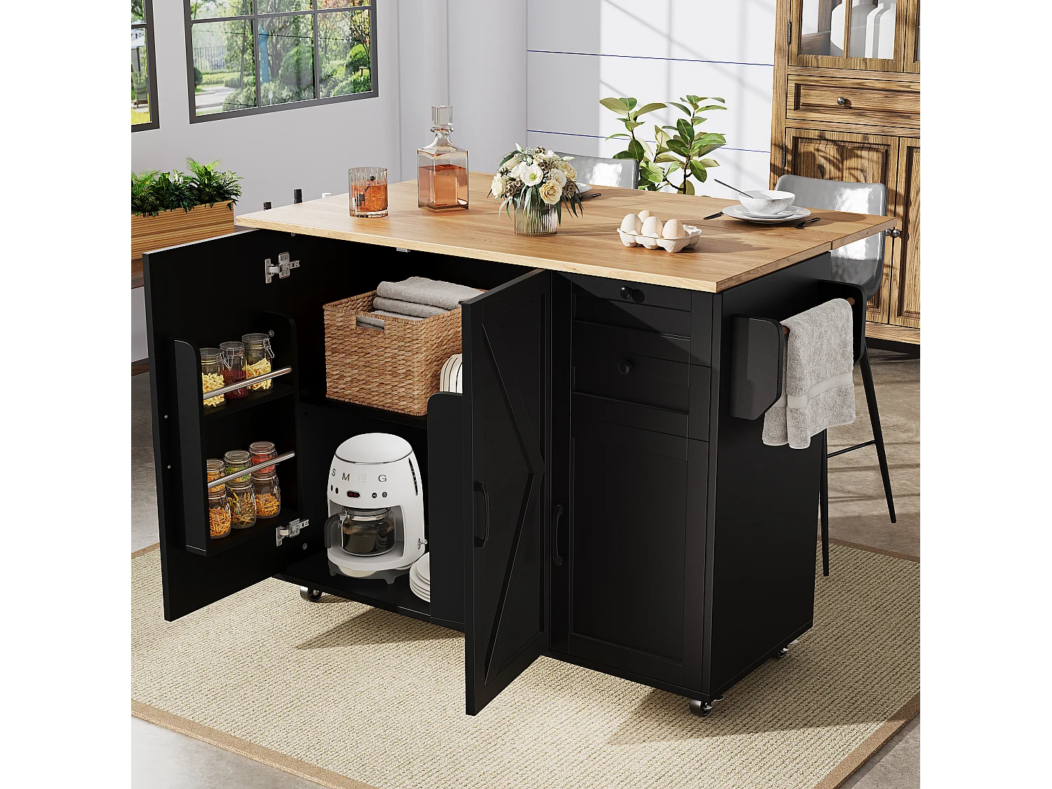 Îlot de cuisine à roulettes - 140 x 43 x 92 cm - avec plan extensible + 3 portes + 2 tiroirs - Métal + MDF - noir